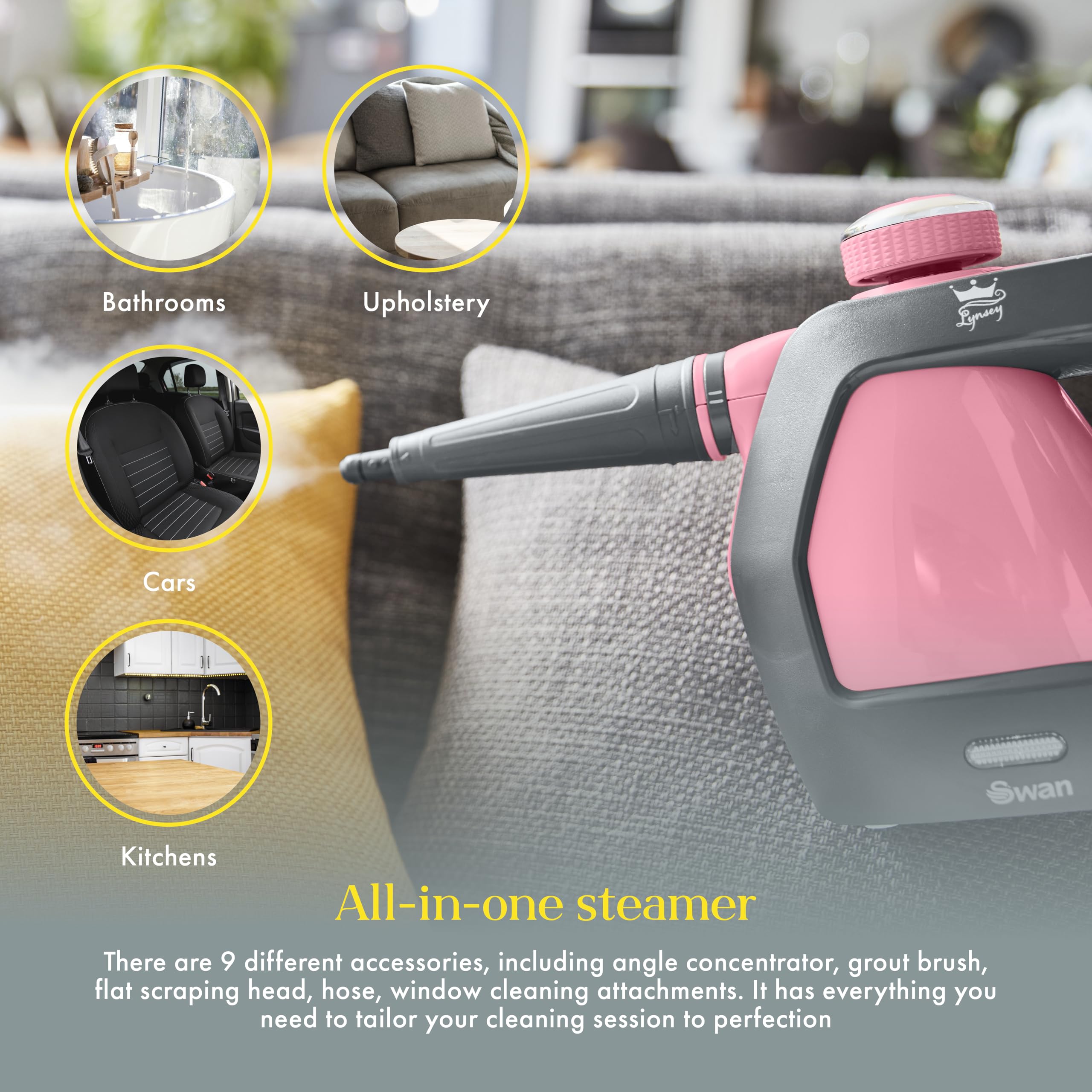 Swan Lynsey Queen of Clean Handheld Steam Cleaner - Kills Bacteria | 9 Accessories | 3 Bar Pressure 3