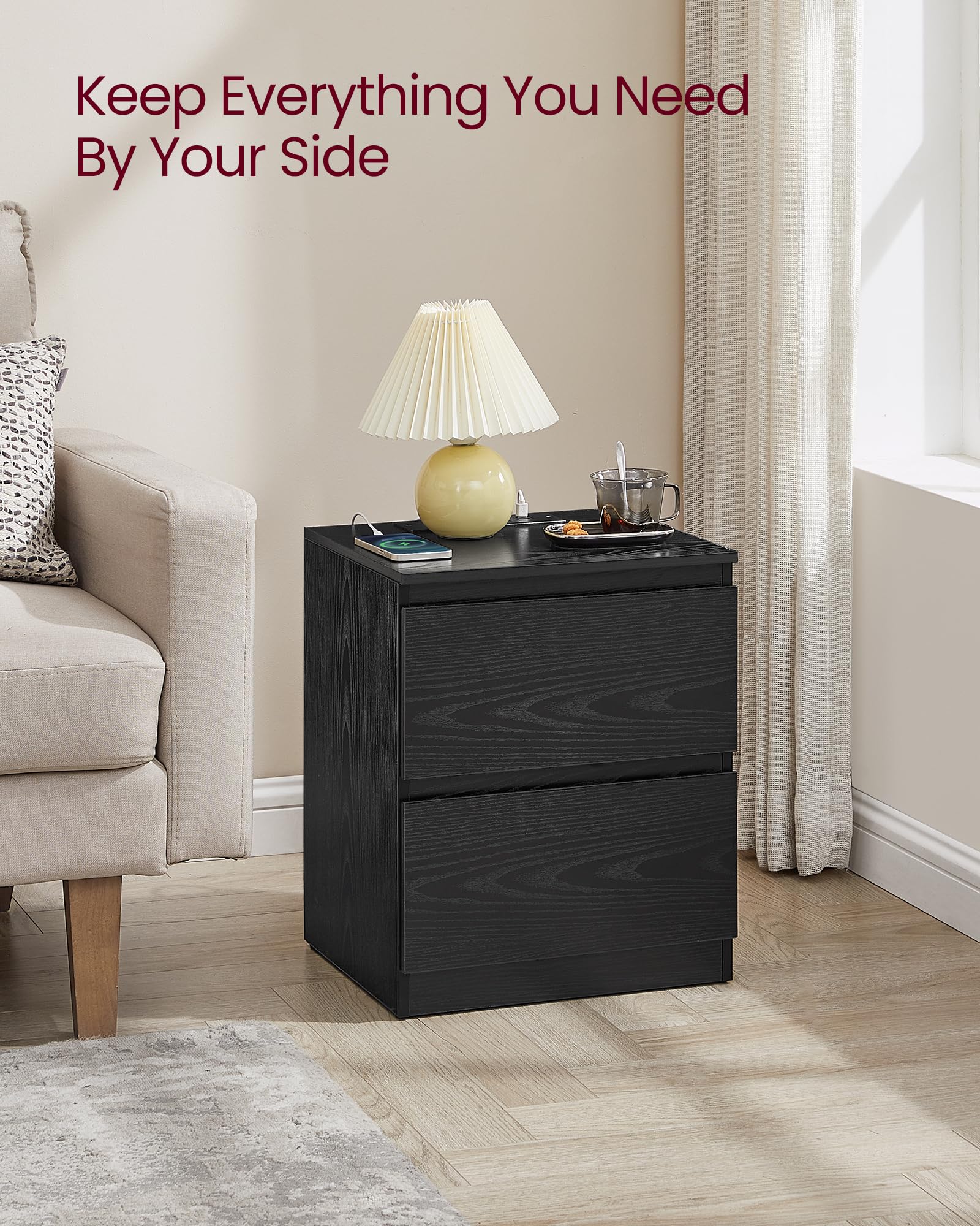 VASAGLE KAILYN Nightstand with Charging Station | 2 Drawers | Ebony Black 6