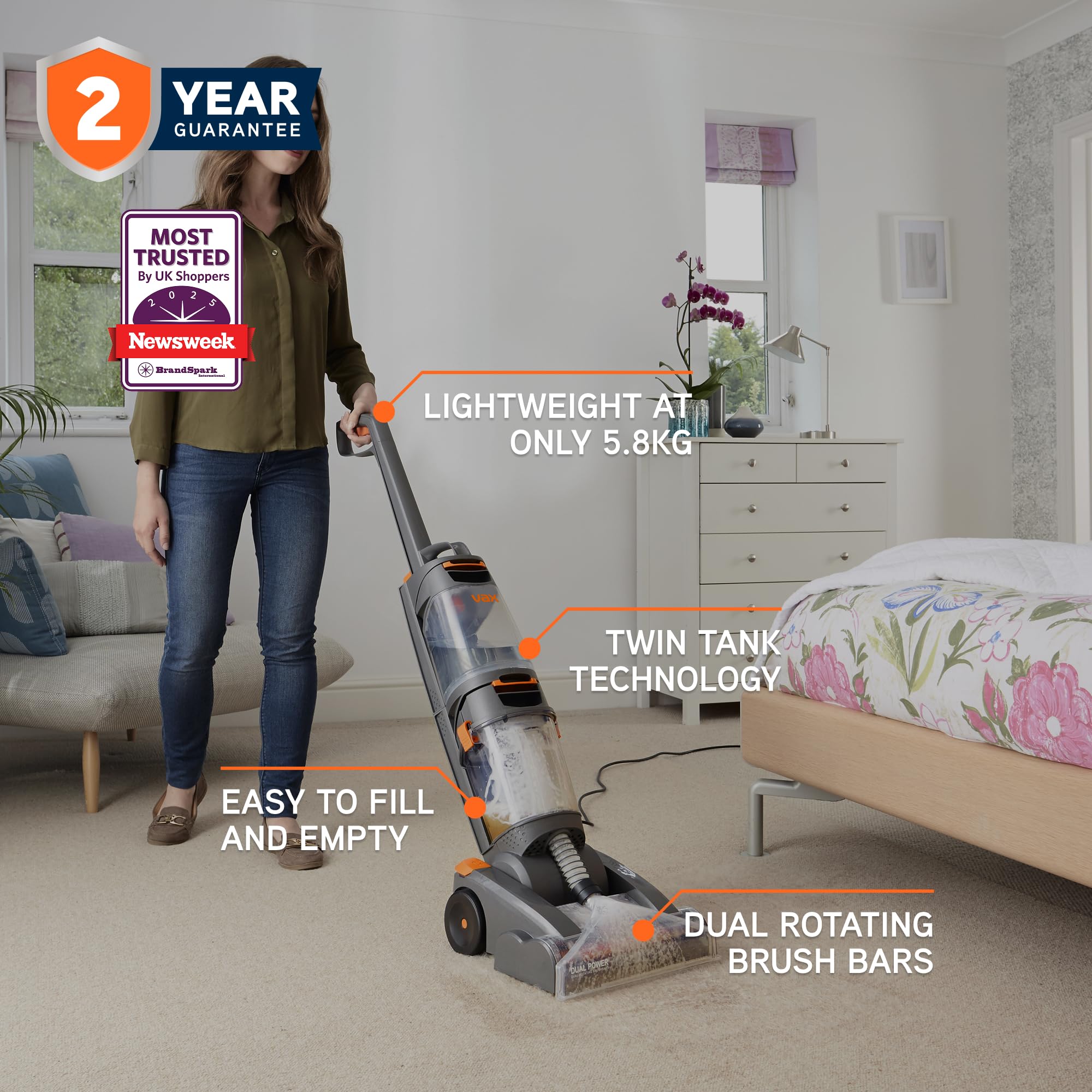 Vax Dual Power Carpet Cleaner Machine - Dual Rotating Brush | 2.7L Clean Tank | Orange 2