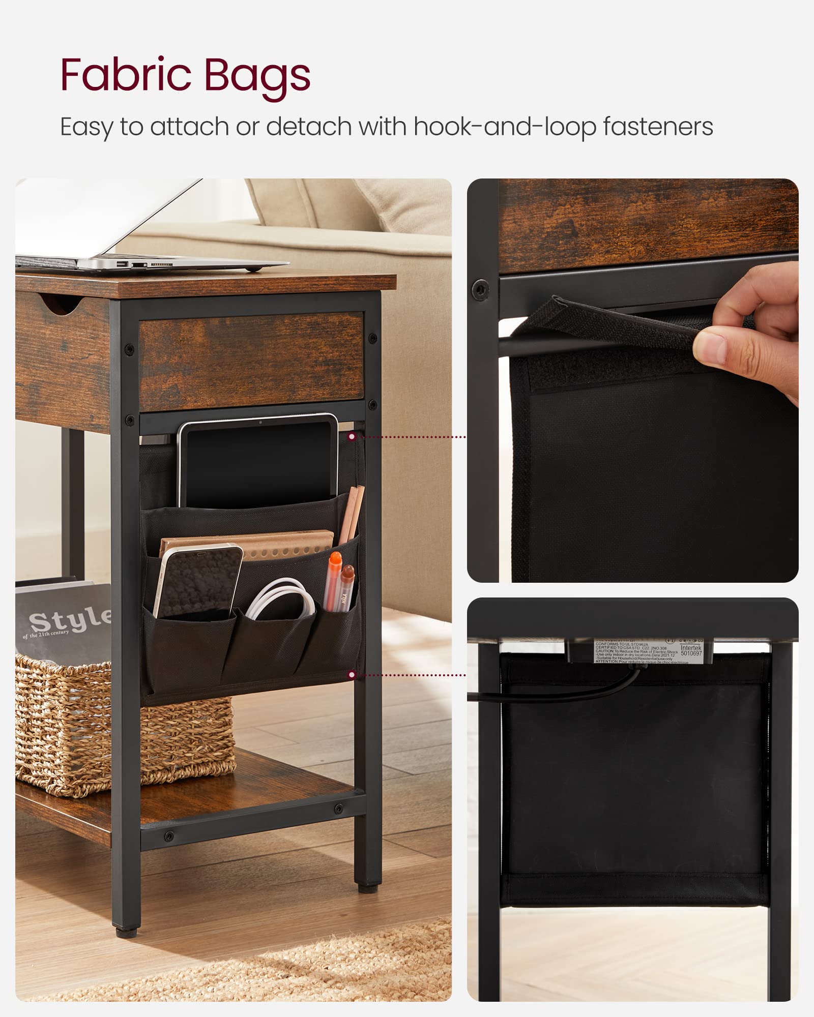 VASAGLE Slim Side Table with Charging Station | Rustic Brown & Black | 60 x 31.5 x 60 cm 7