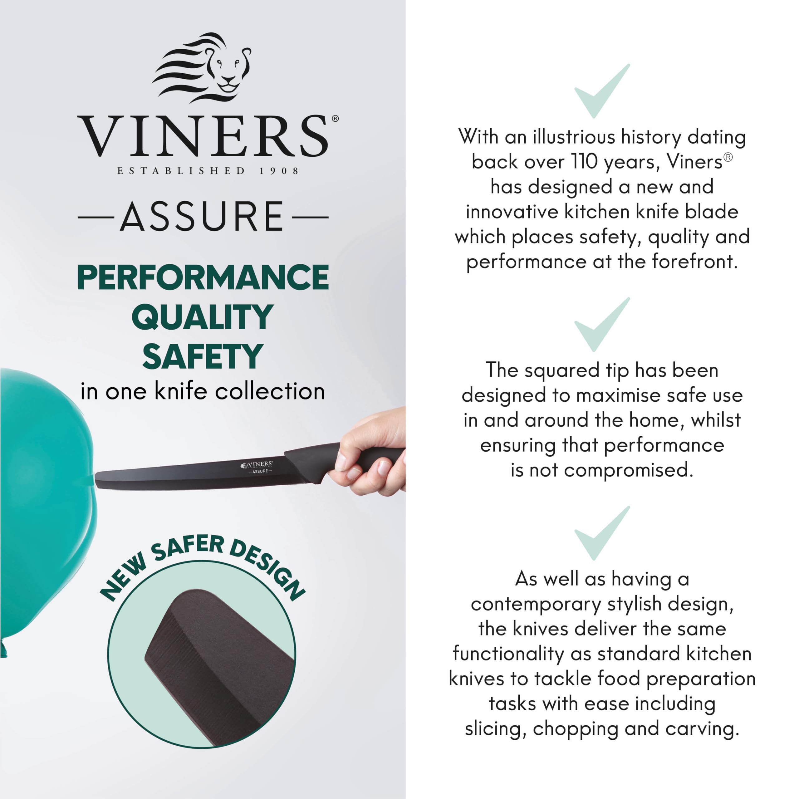 Viners Assure 4 Piece Knife Set | Stainless Steel Blades with Squared Tips | Soft Grip Handles 6