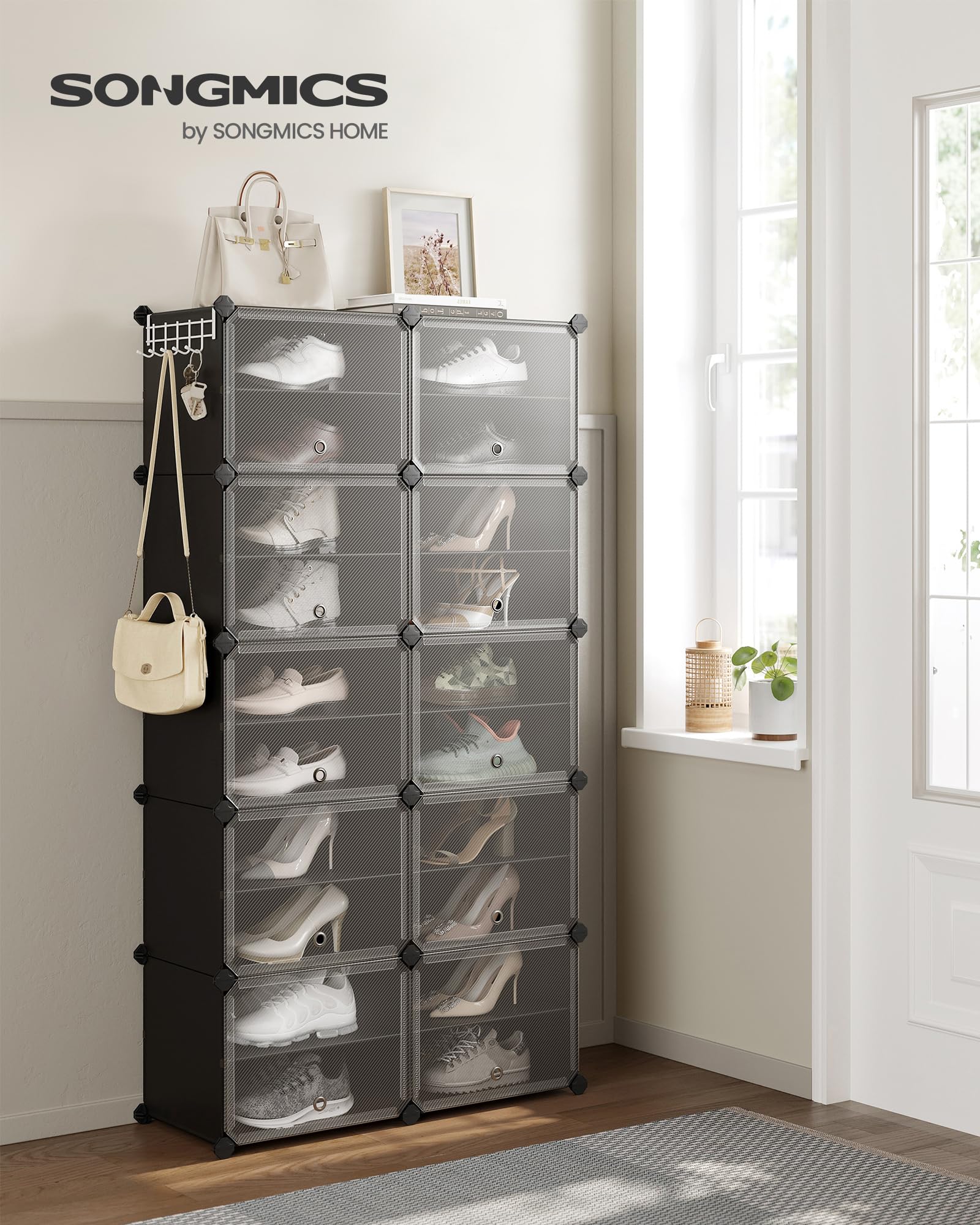 SONGMICS Modular Shoe Rack - 10 Slots Storage Unit | Steel Frame | Black | 30x40x30 cm per Slot 5