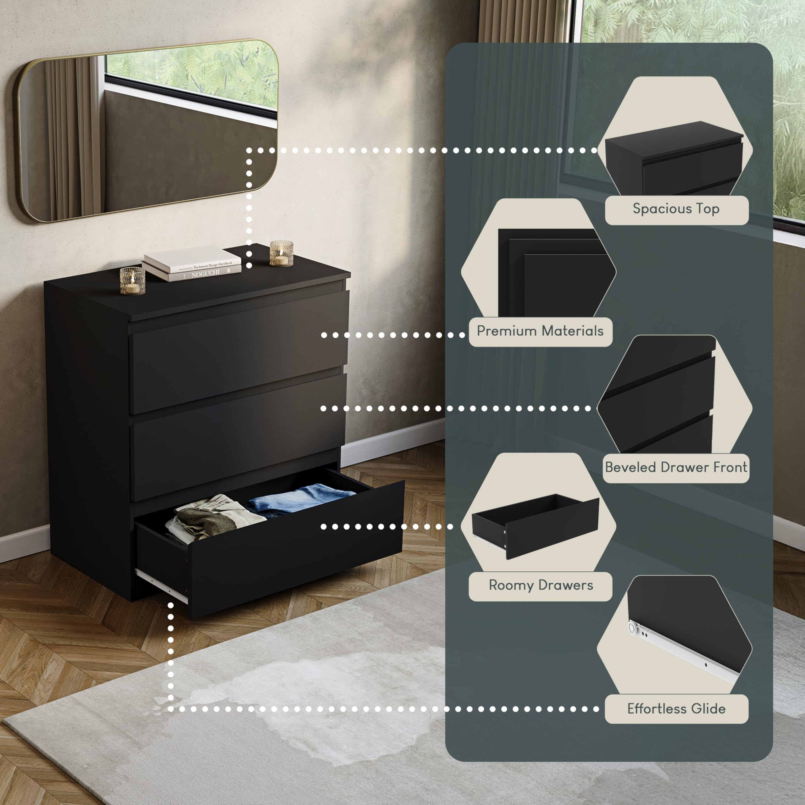 Vida Designs Denver 3 Drawer Chest of Drawers - Black | 70W x 40D cm | Engineered Wood 5