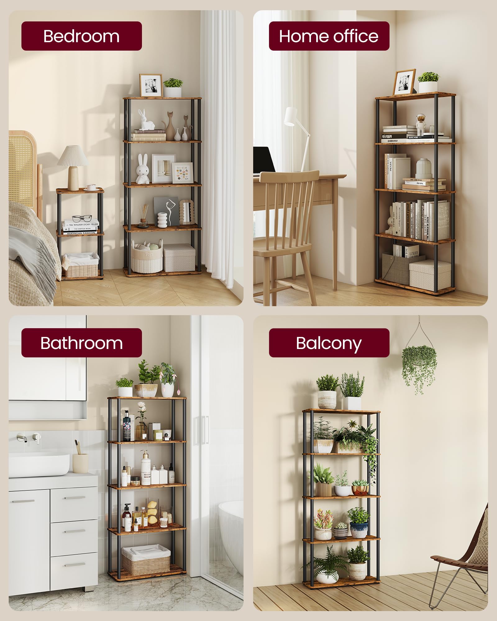 VASAGLE 5-Tier Standing Shelf Unit - Toolless Assembly | 40kg Capacity | Vintage Brown Ink Black 5