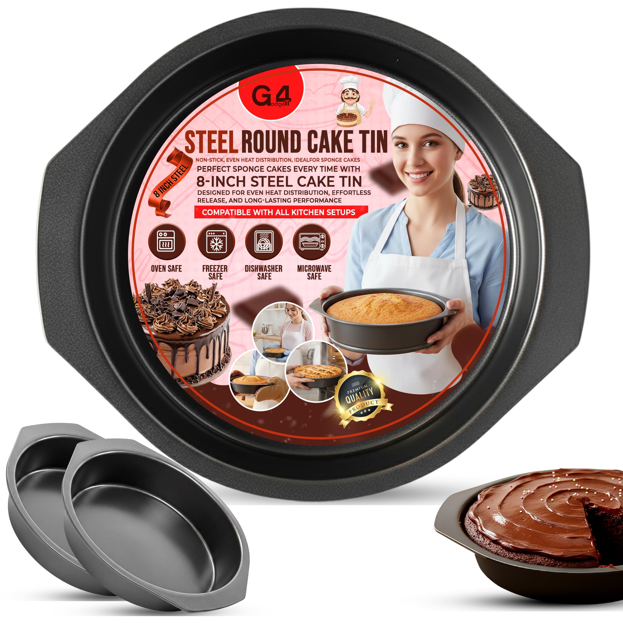 G4GADGET 8 Inch Round Cake Tin | Non-Stick Carbon Steel Baking Pan for Cakes and Cheesecakes 1