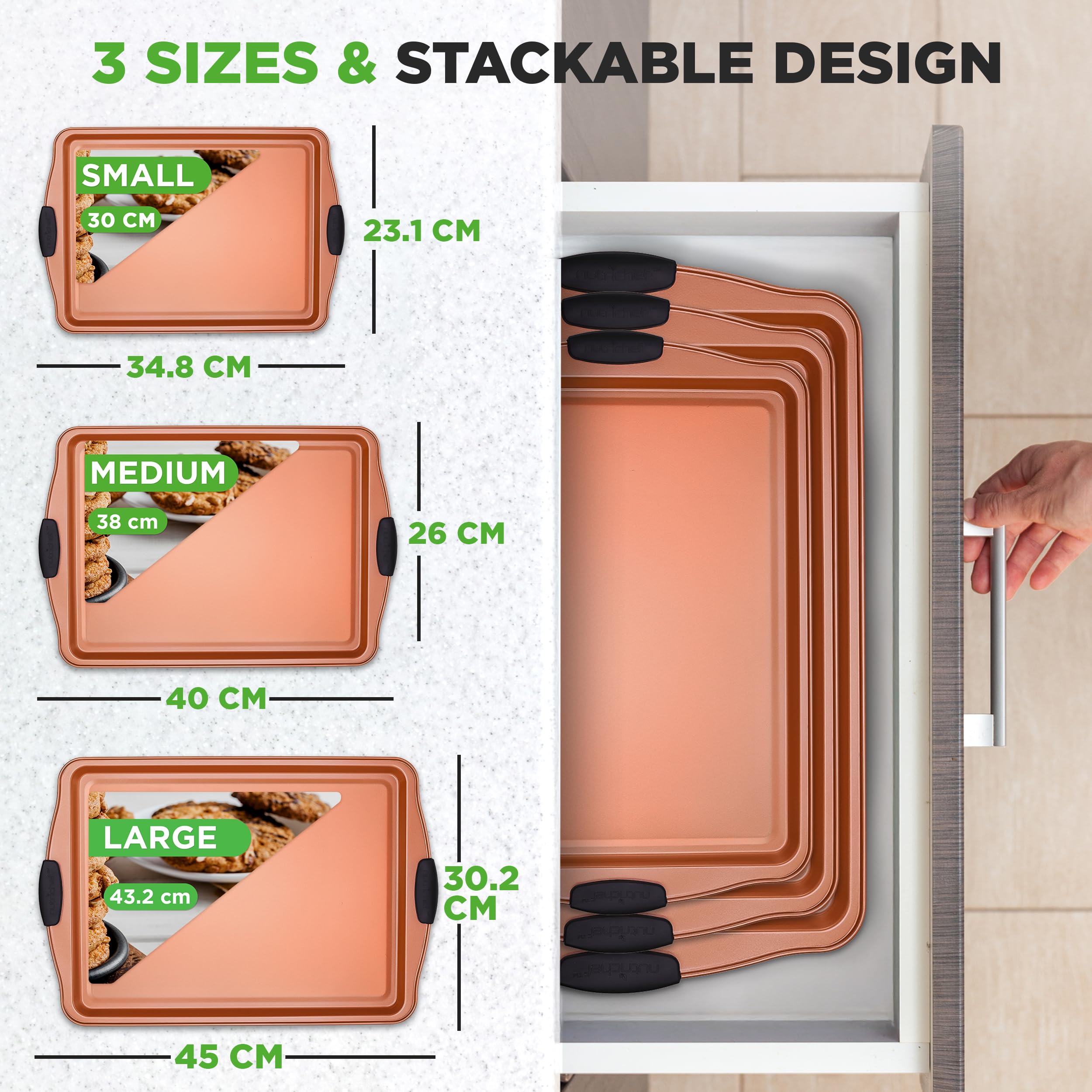 NutriChef 3-Piece Non-Stick Carbon Steel Baking Tray Set with Silicone Handles | Oven Safe to 230°C 3
