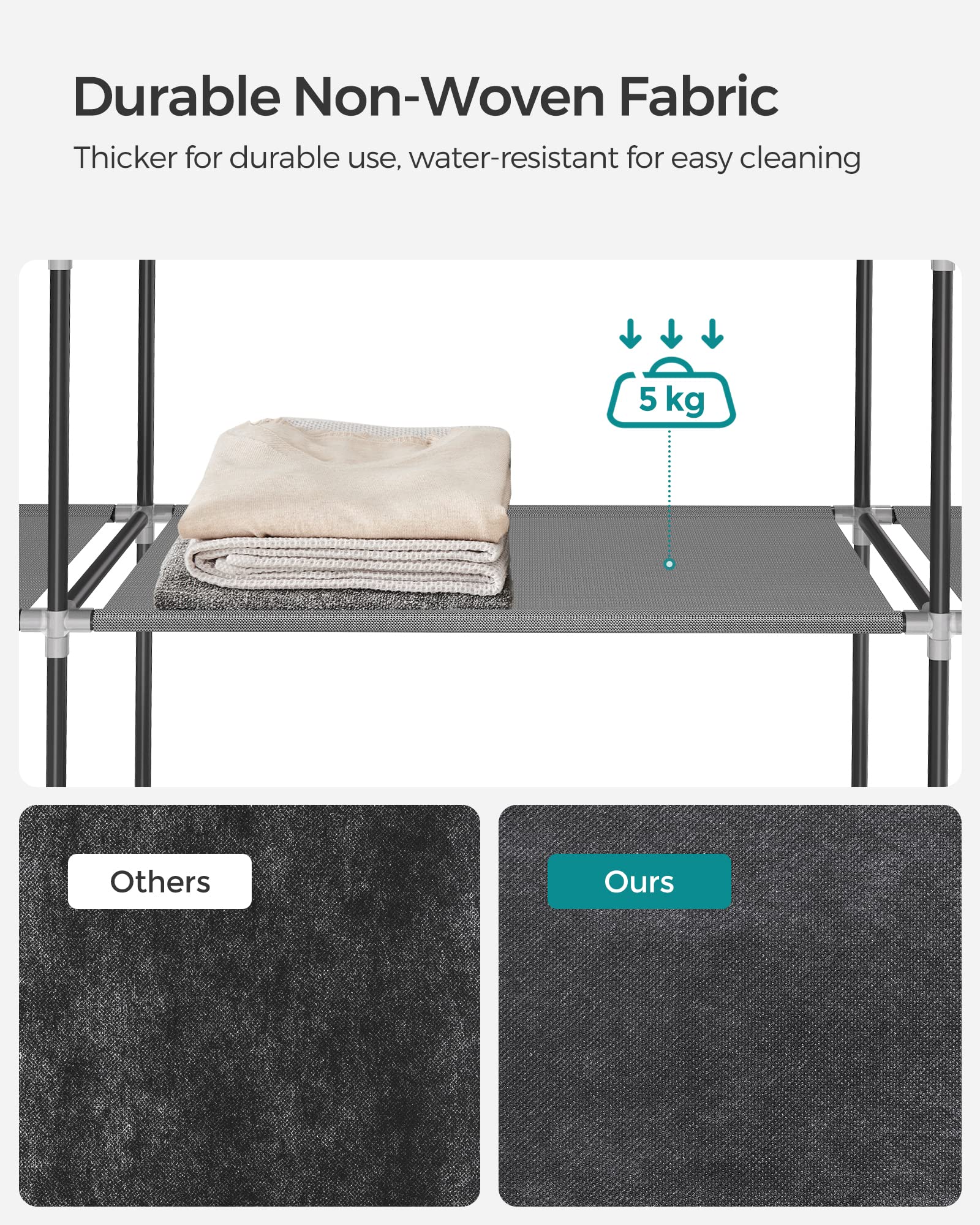 SONGMICS Portable Clothes Wardrobe - Grey | 127W x 45D x 176H cm | 2 Hanging Rods 5