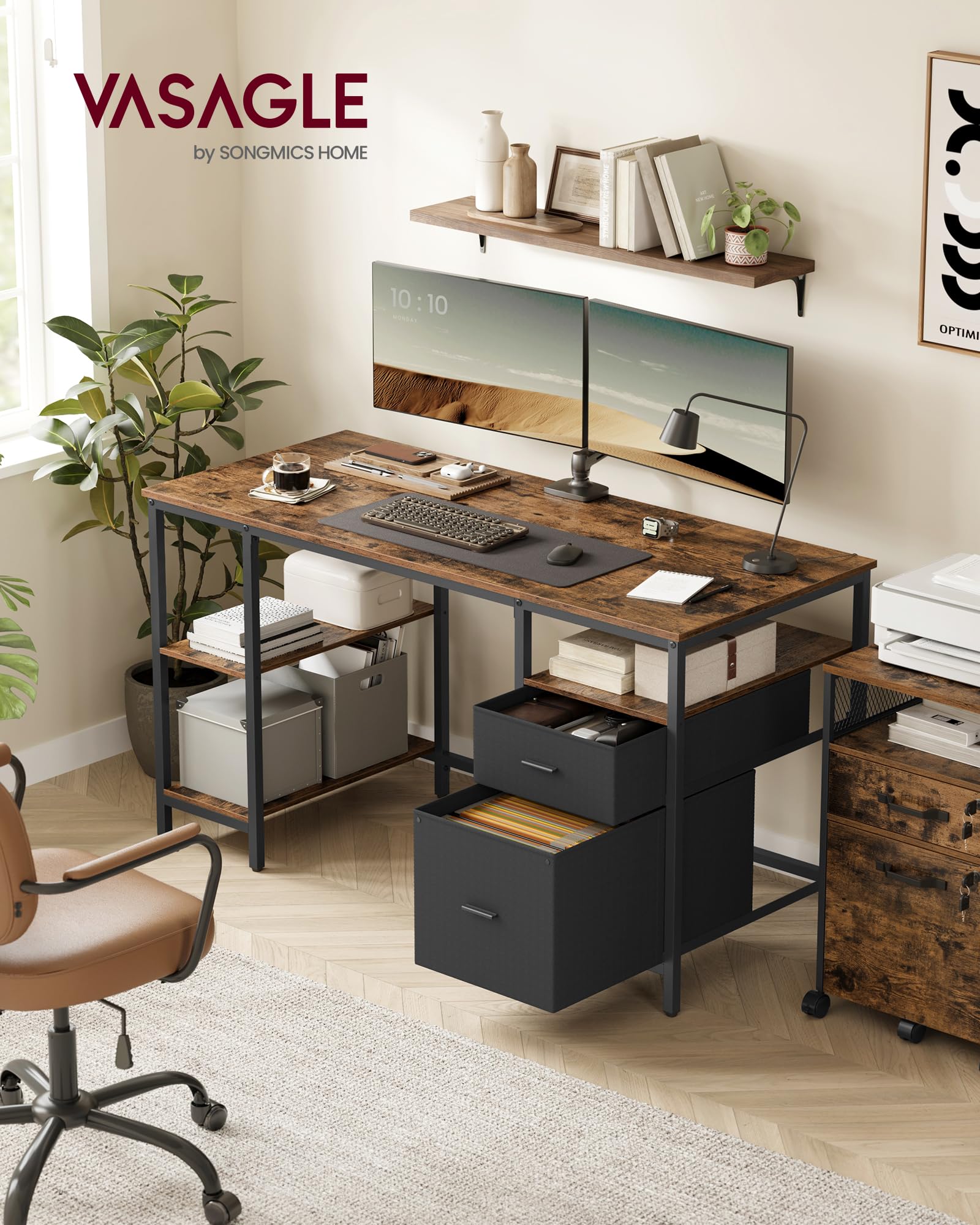 VASAGLE Computer Desk with 3 Shelves and 2 Drawers | 140 x 60 cm Desktop | Rustic Brown + Ink Black
