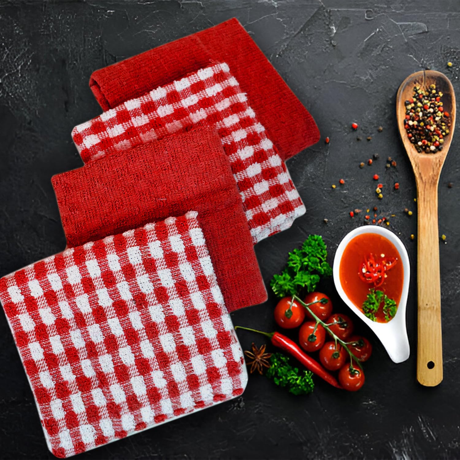 Casabella Pack of 6 Terry Cotton Kitchen Tea Towels - Highly Absorbent Dish & Bar Towels | Red 6