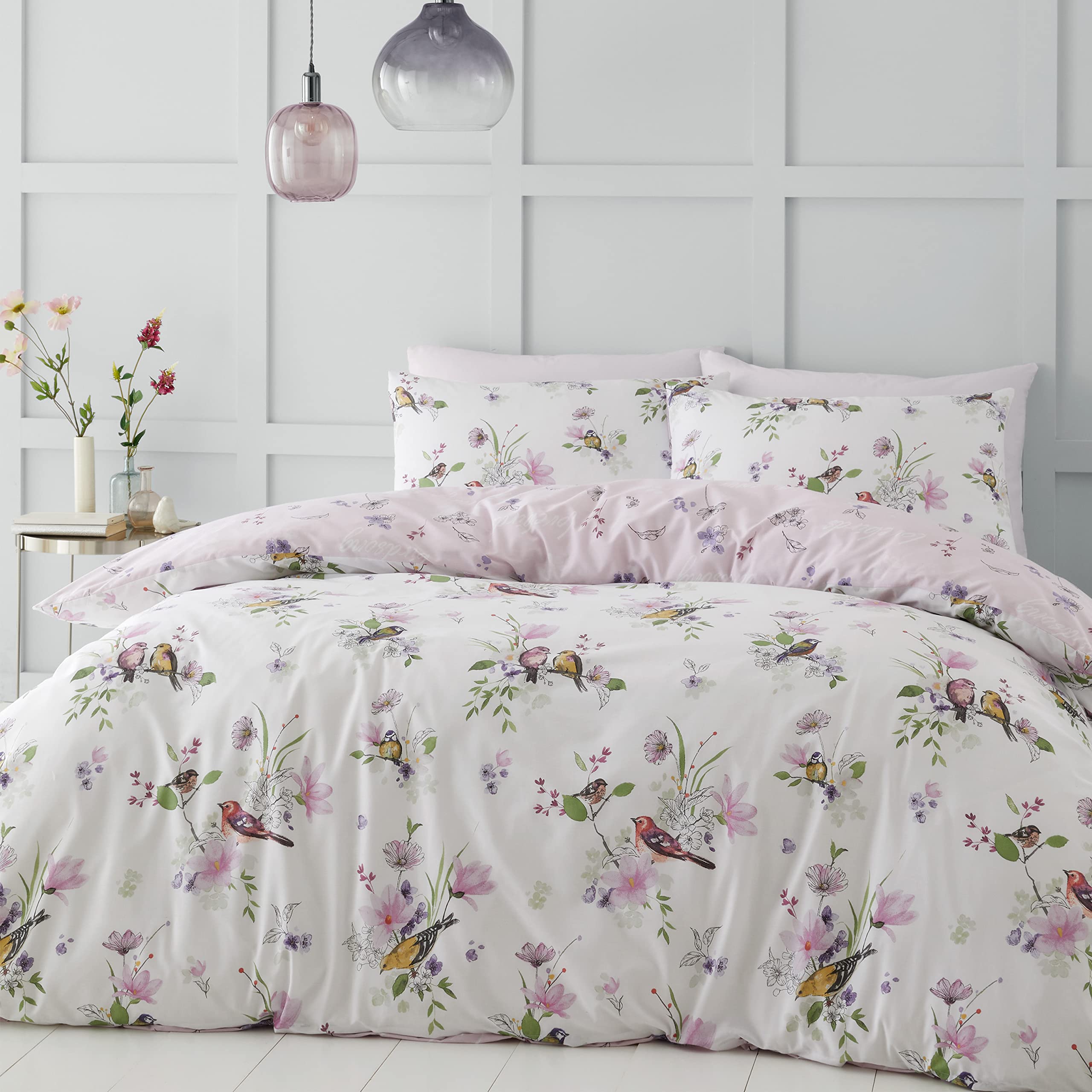 Catherine Lansfield Songbird King Duvet Cover Set with 2 Pillowcases Pink Polycotton 1