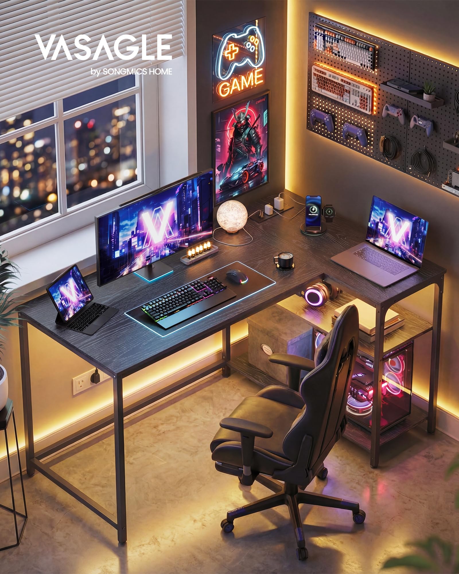 VASAGLE L-Shaped Computer Desk with Built-In Charging | 120 x 80 cm | Ebony Black
