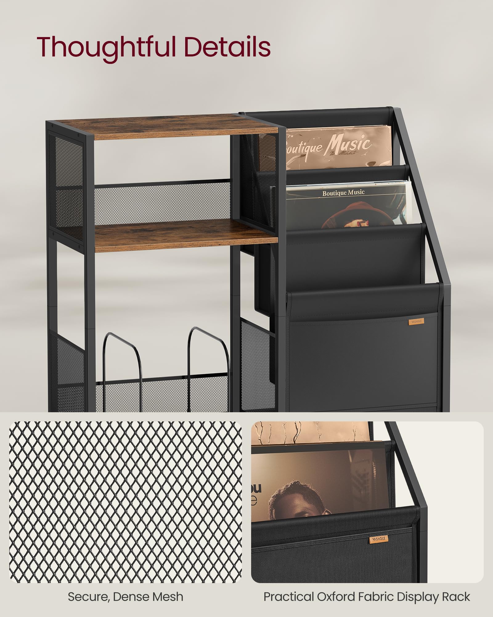 VASAGLE Record Player Stand - 3-Tier Storage for 140 Albums | Rustic Brown End Table 5