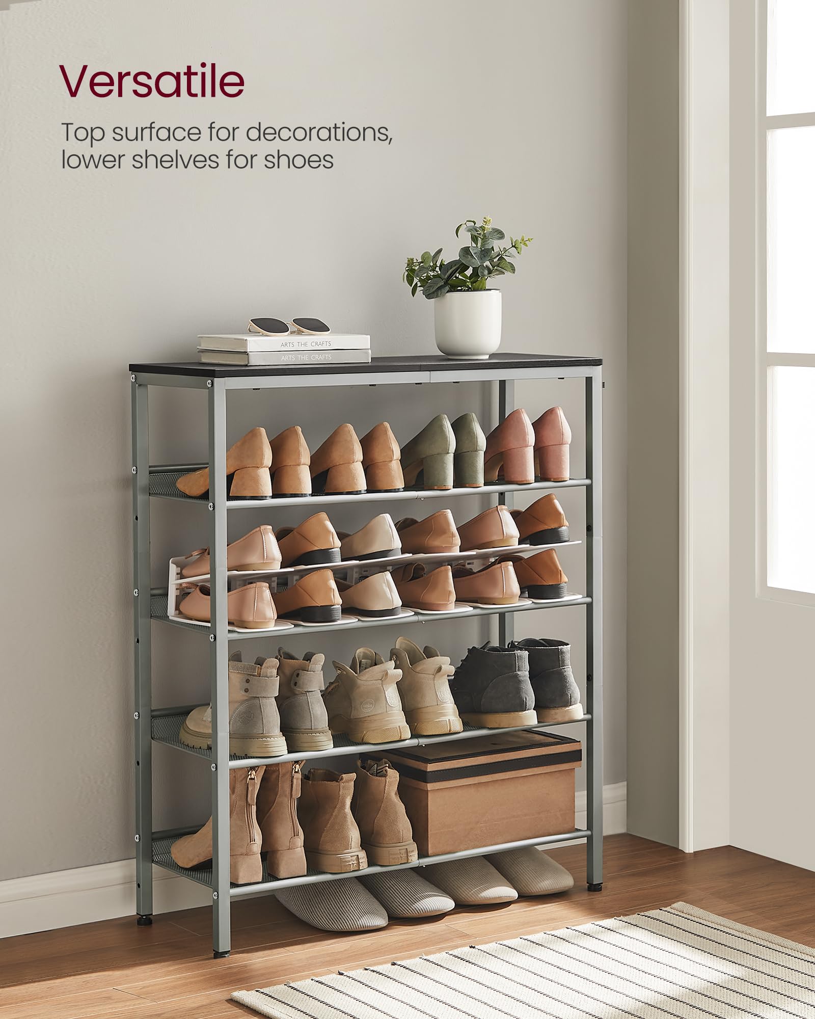 VASAGLE Shoe Rack - 5-Tier Storage with Adjustable Shelves | Industrial Design | Charcoal Grey & Silver 4