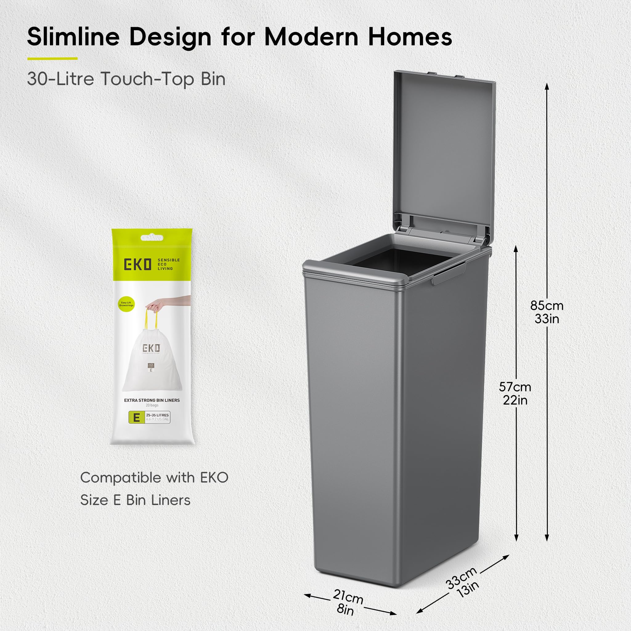 EKO Morandi 30L Kitchen Recycling Bin with Touch-Top Lid | Slim Plastic Design | Dark Grey 3