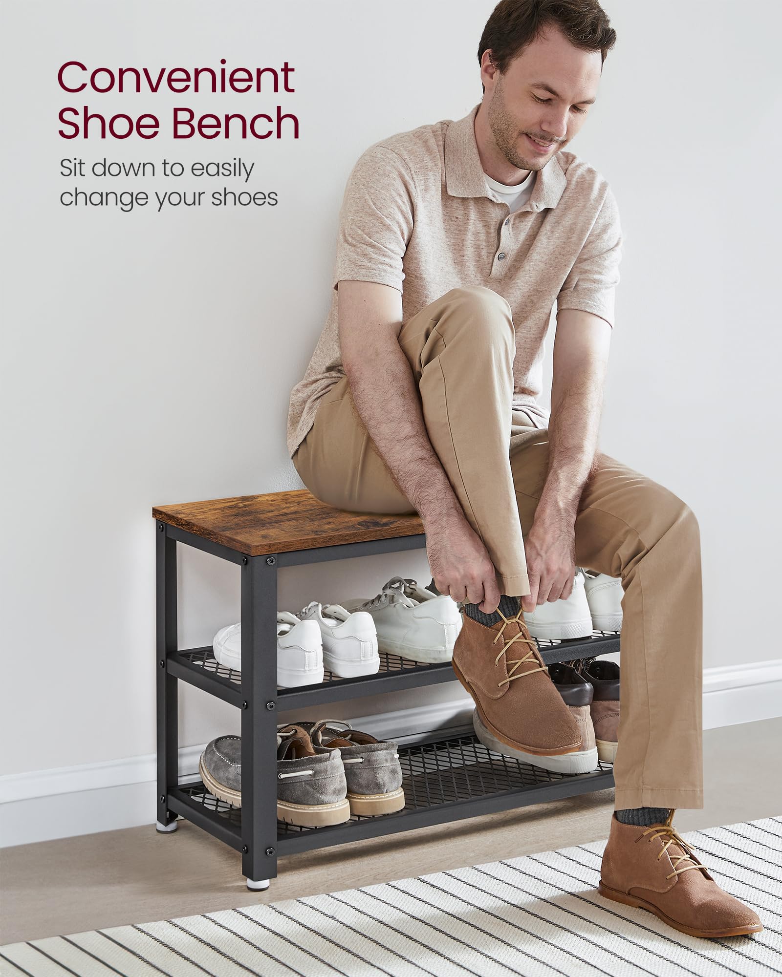 VASAGLE Shoe Storage Bench with 2 Shelves | Industrial Style | 73 cm Wide | Rustic Brown & Black 4