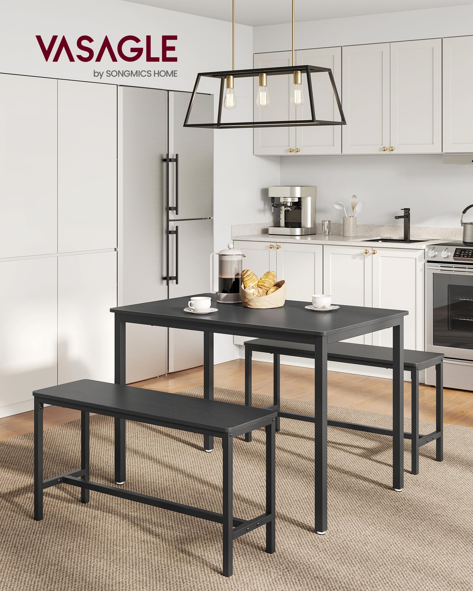 VASAGLE 3-Piece Dining Room Set with 2 Benches | Table 110x70cm | Steel Frame | Ash Black/Ink Black