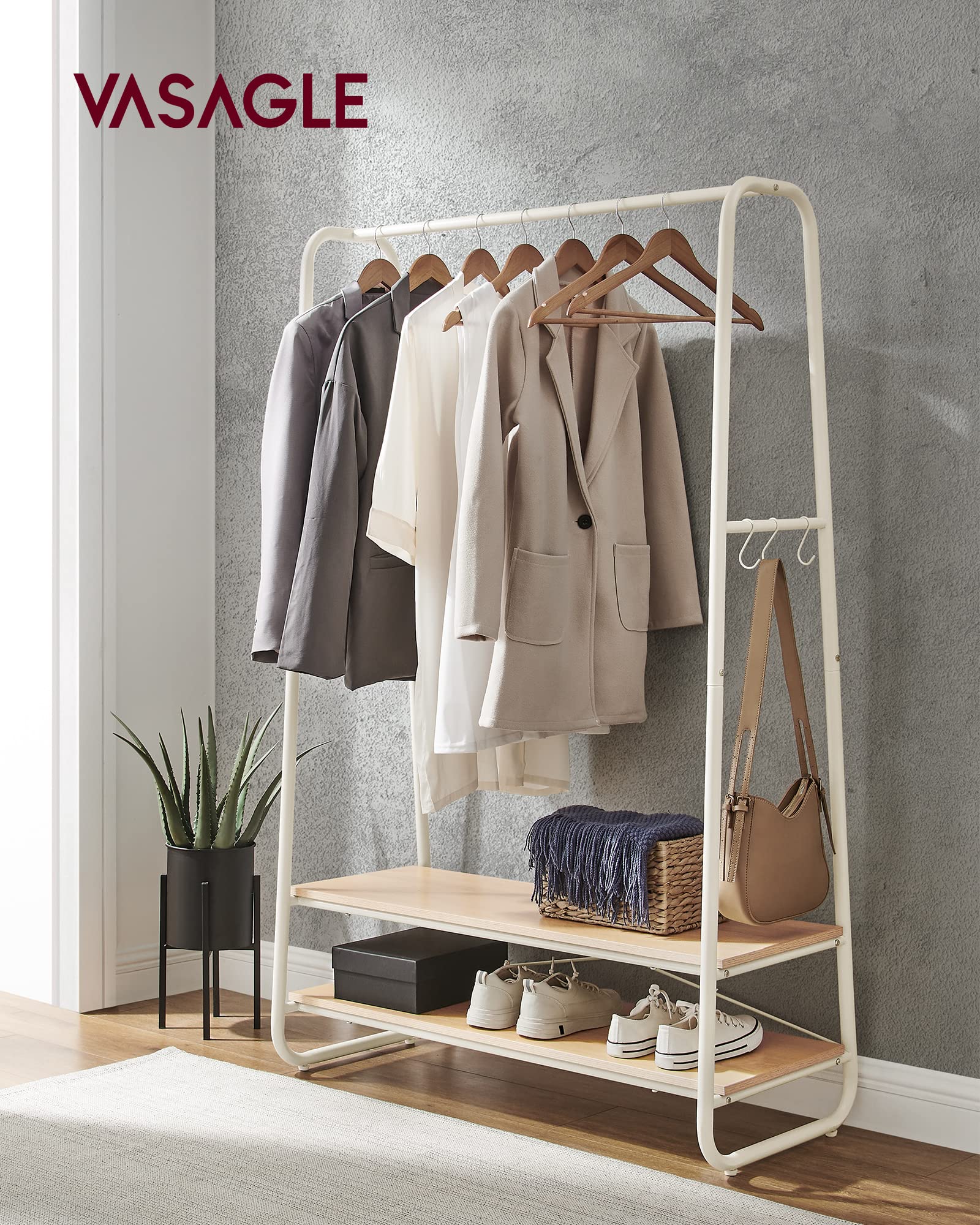 VASAGLE Clothes Rail with 2 Shelves and 6 S-Hooks | Oak + Cream White | 45 x 100 x 160 cm