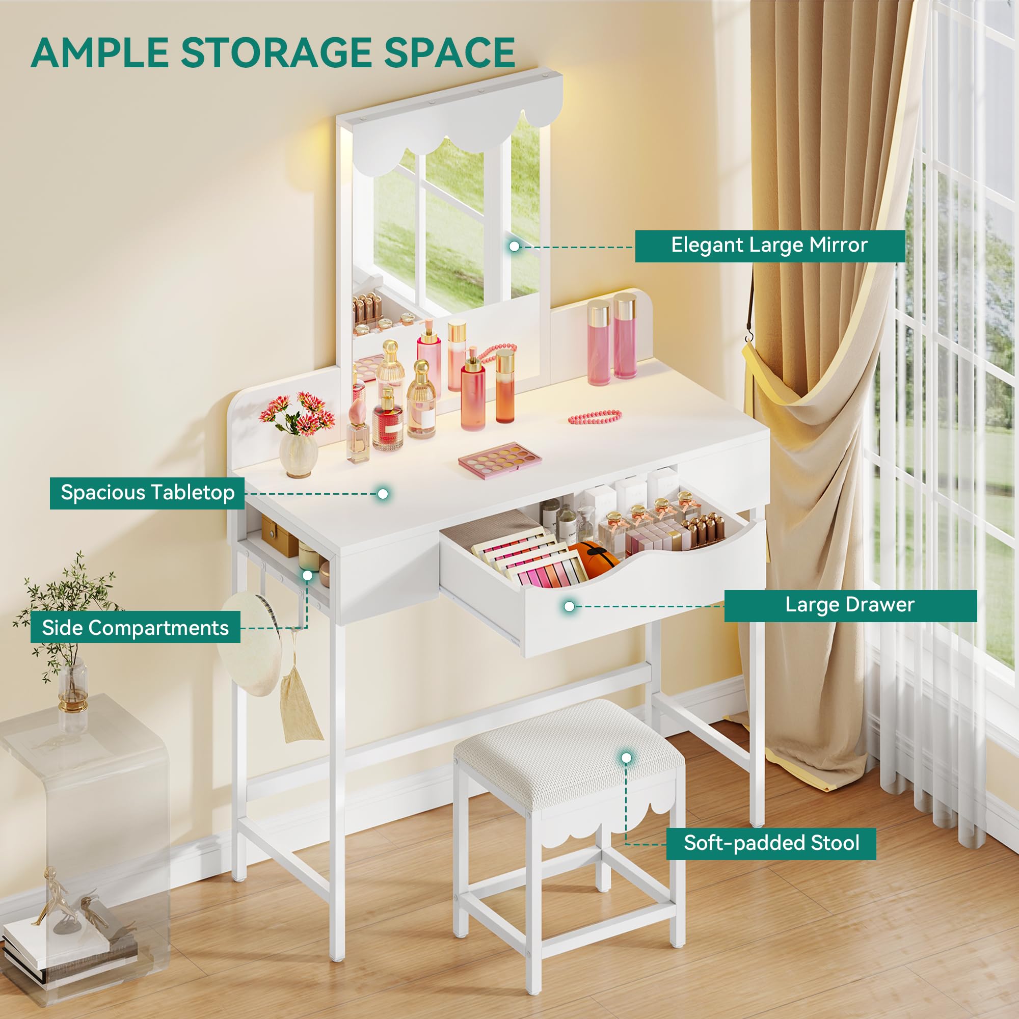 YITAHOME Cloud-Shaped Dressing Table with 3-Color LED Mirror & Stool | White Engineered Wood 6