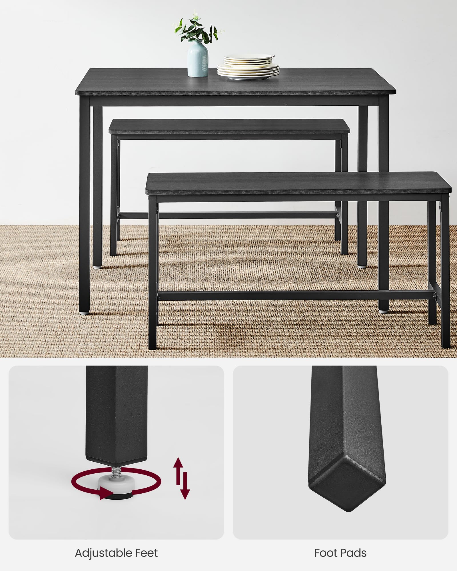 VASAGLE 3-Piece Dining Room Set with 2 Benches | Table 110x70cm | Steel Frame | Ash Black/Ink Black 6