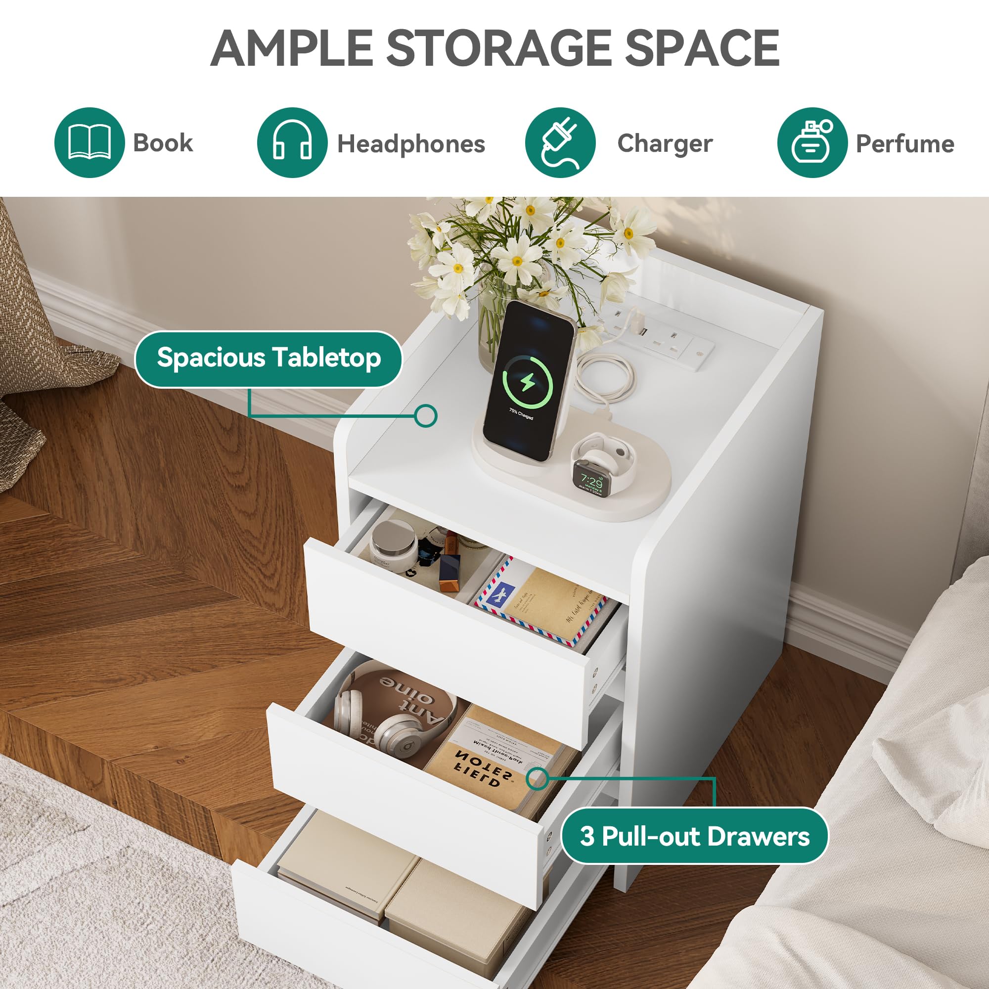 YITAHOME Bedside Table with 3 Drawers and Built-in Power Station | White Engineered Wood | 35x40x59cm 4