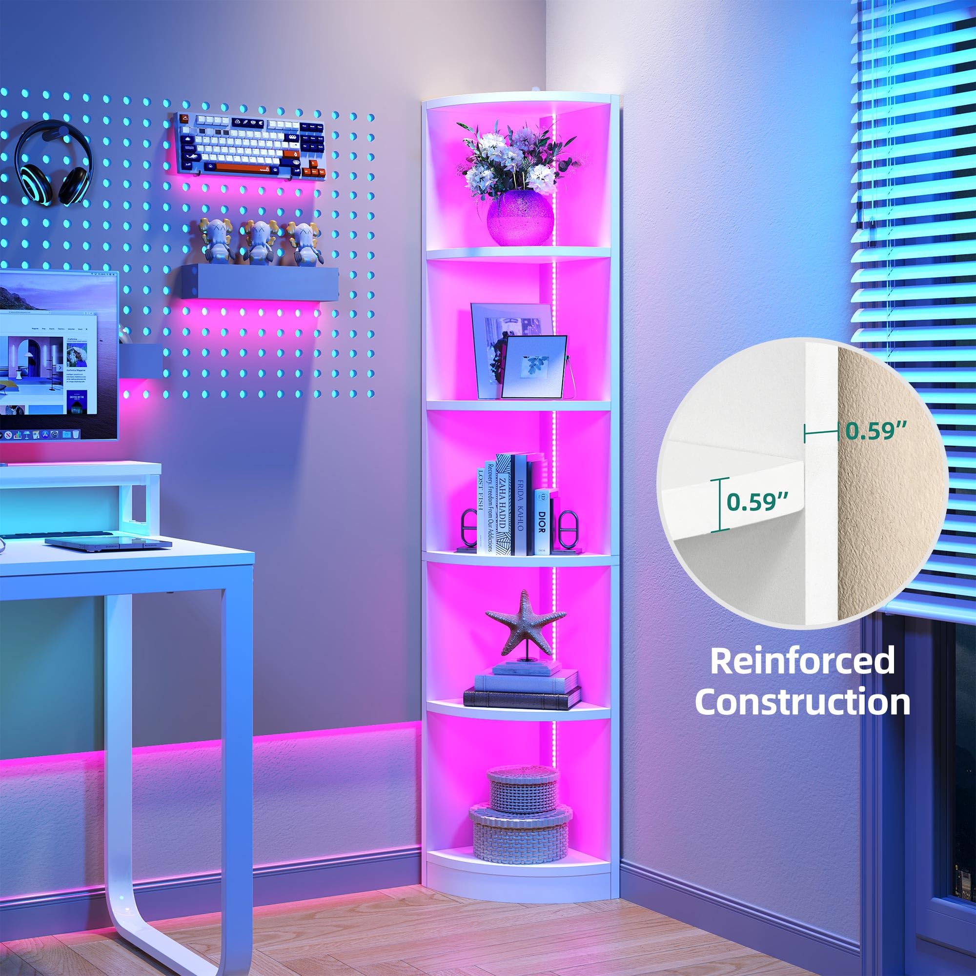 YITAHOME 5 Tier Corner Bookshelf with Voice-Activated LED Lighting | Engineered Wood | White 4
