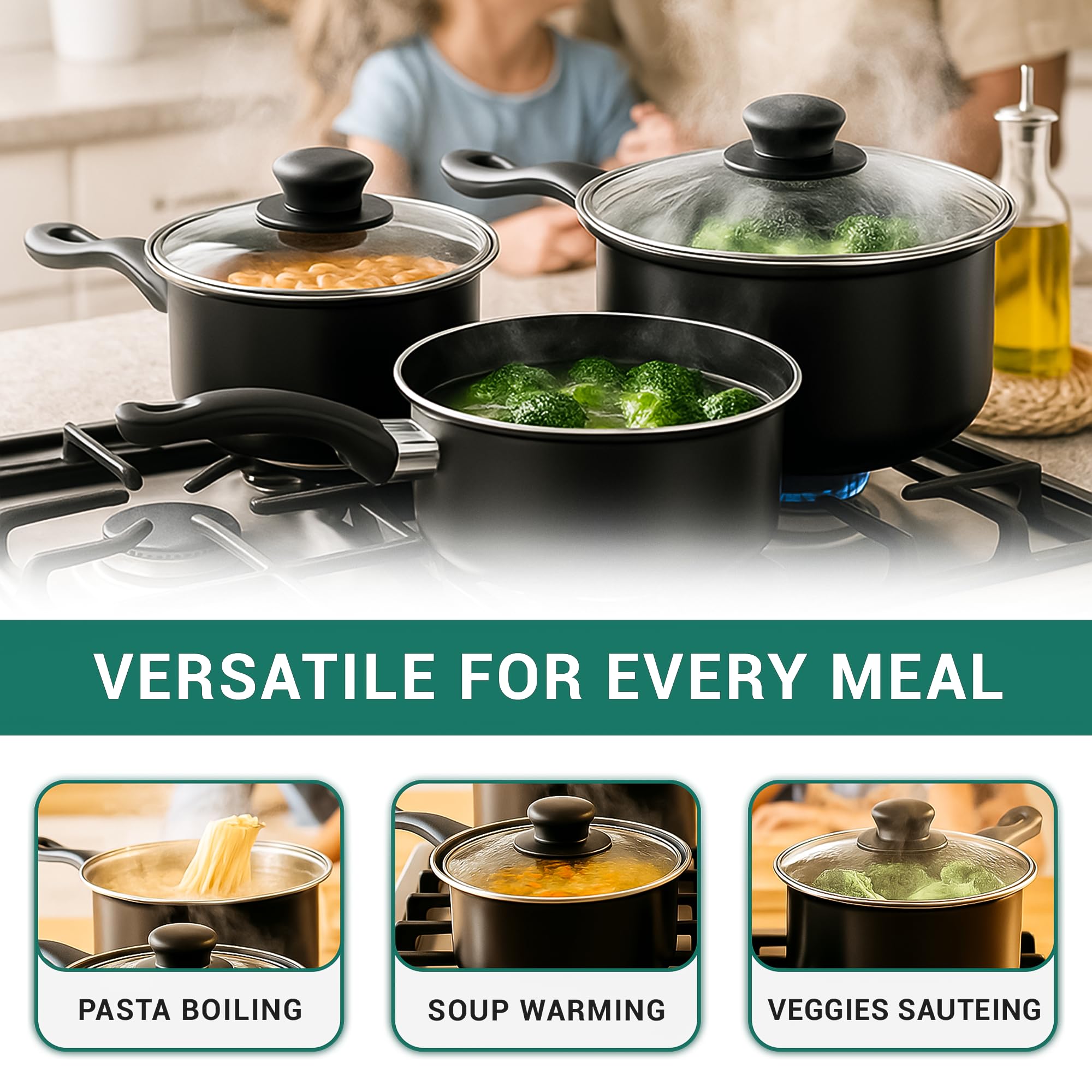Pendeford Value Plus AP120 Saucepan Set - 3 Piece Carbon Steel Cookware with Glass Lids 7
