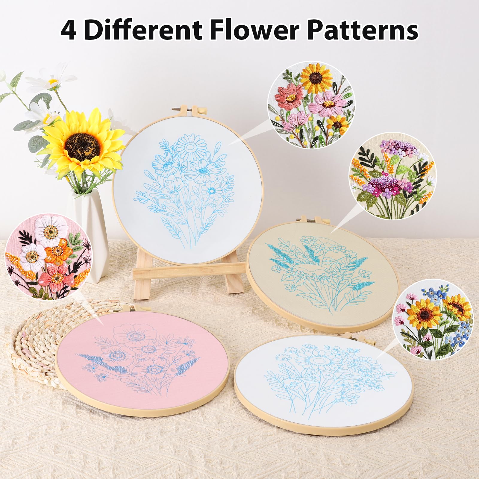 VynyQoo 4pcs Flower Embroidery Kits for Beginners Adults | Includes Hoop, Thread, Needles & Video Tutorial 2