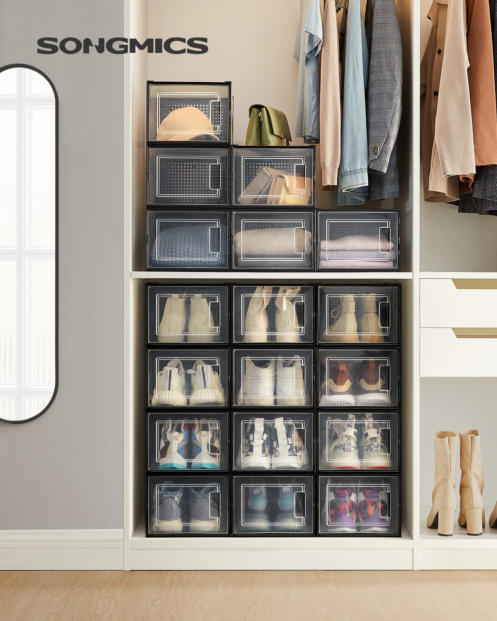 SONGMICS Shoe Boxes - Pack of 18 Stackable Storage Organisers | Fits UK Size 11 | Transparent 2