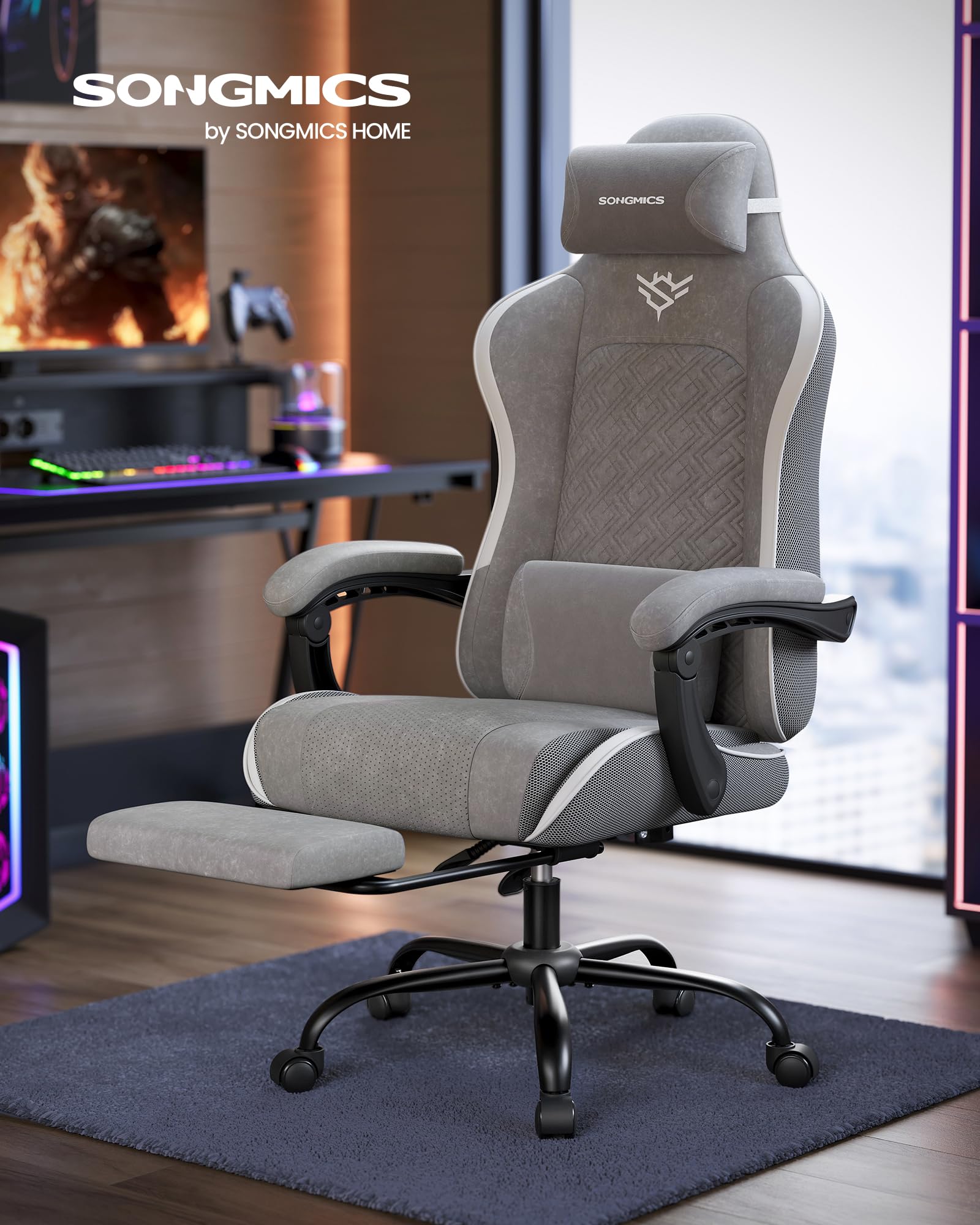 SONGMICS Ergonomic Video Game Chair with Footrest | Dove Grey | Max Load 150 kg 3