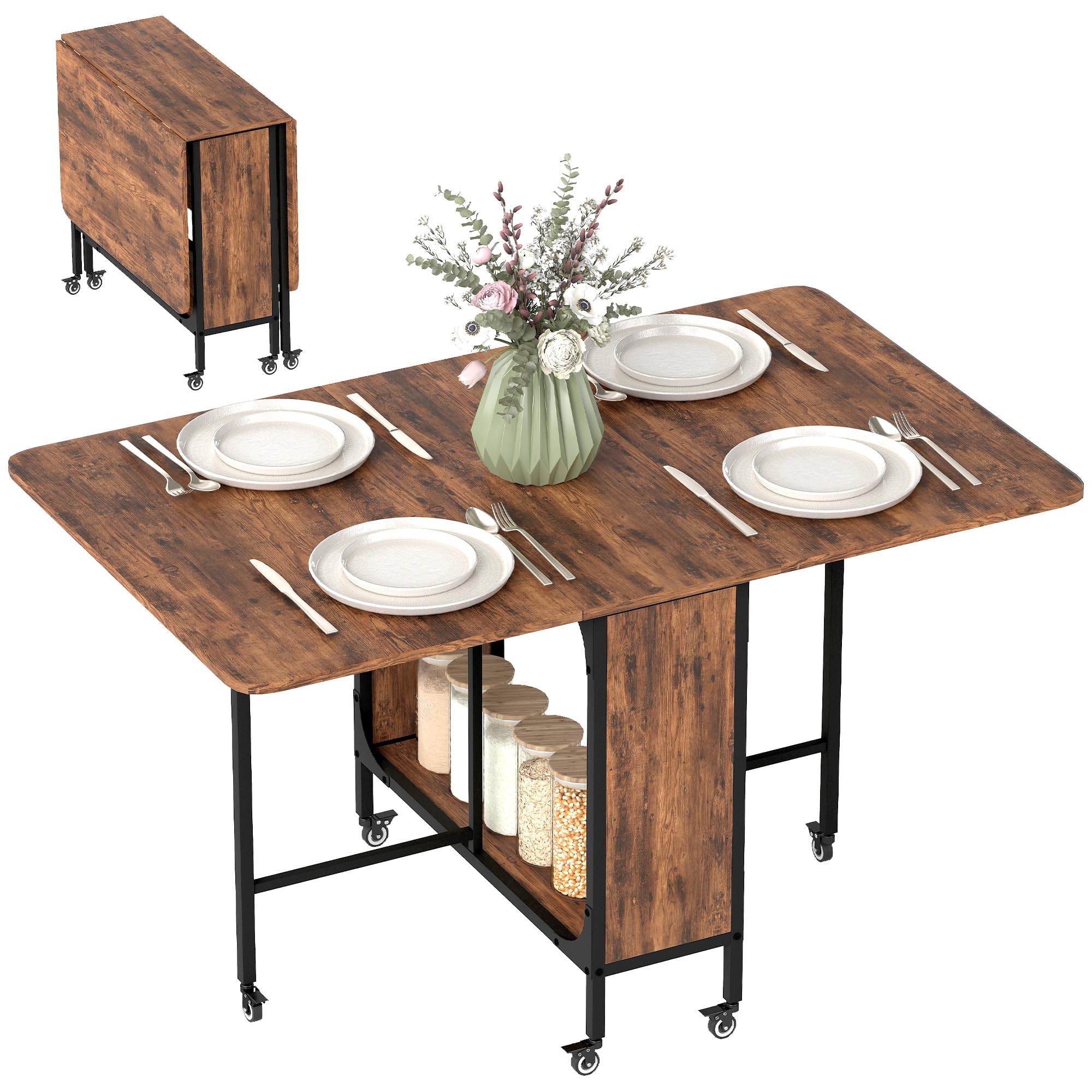 HOMCOM Mobile Drop Leaf Dining Table - Extendable to Seat Six | Rustic Brown | Storage Shelf