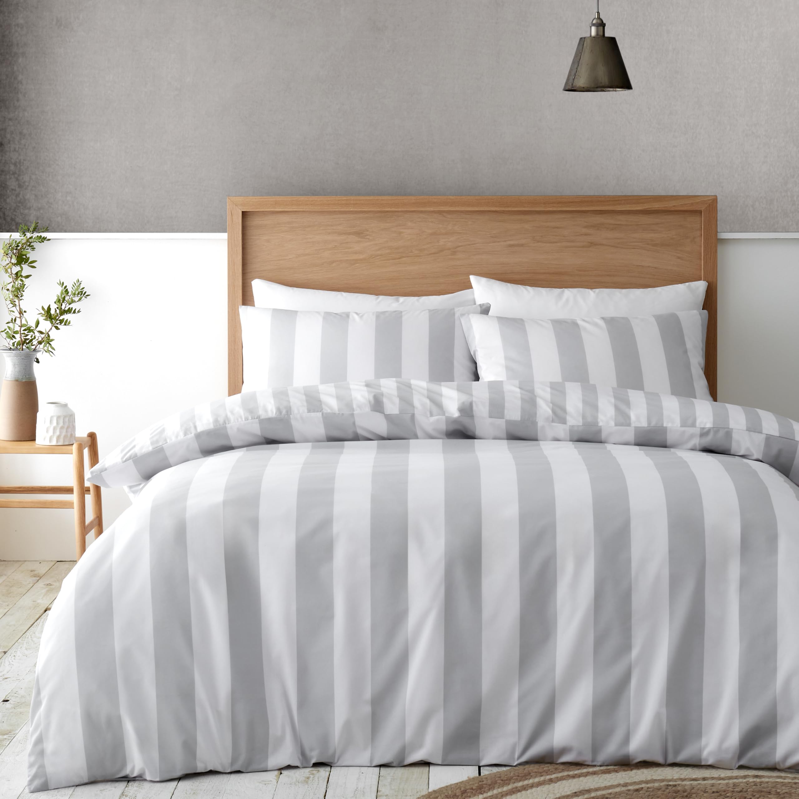 Catherine Lansfield Cove Stripe Reversible Double Duvet Cover Set | Silver | 52% Polyester 48% Cotton 1