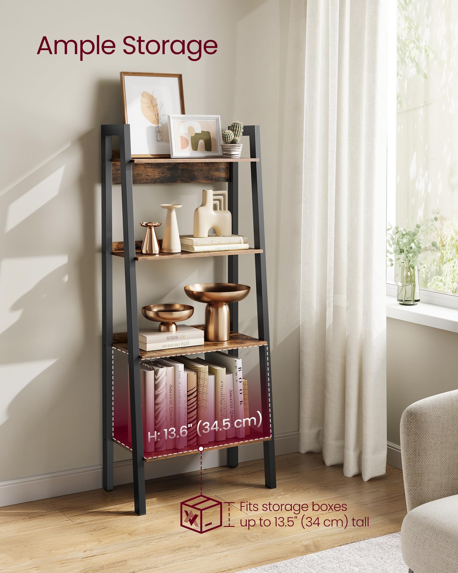 VASAGLE 4-Tier Ladder Shelf - Industrial Bookcase for Home Office, Rustic Brown/Black | 56W x 34D cm 4