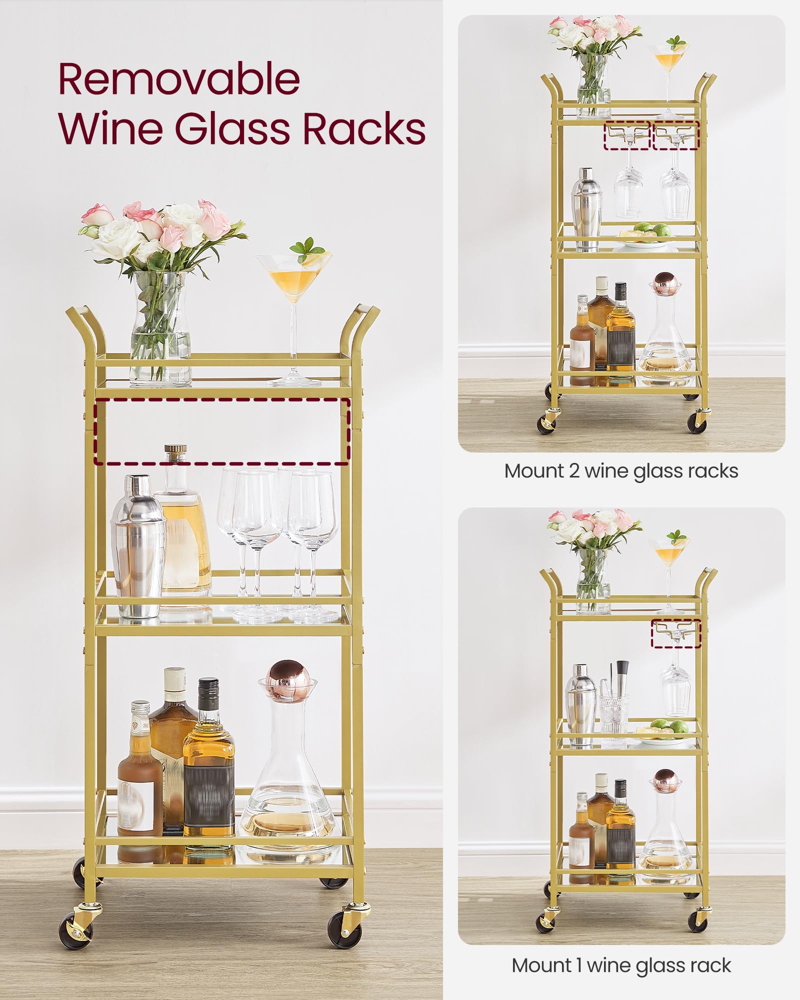 VASAGLE 3-Tier Drinks Trolley - Gold Bar Cart with Mirrored Glass Shelves | 30x46.8x92 cm 5