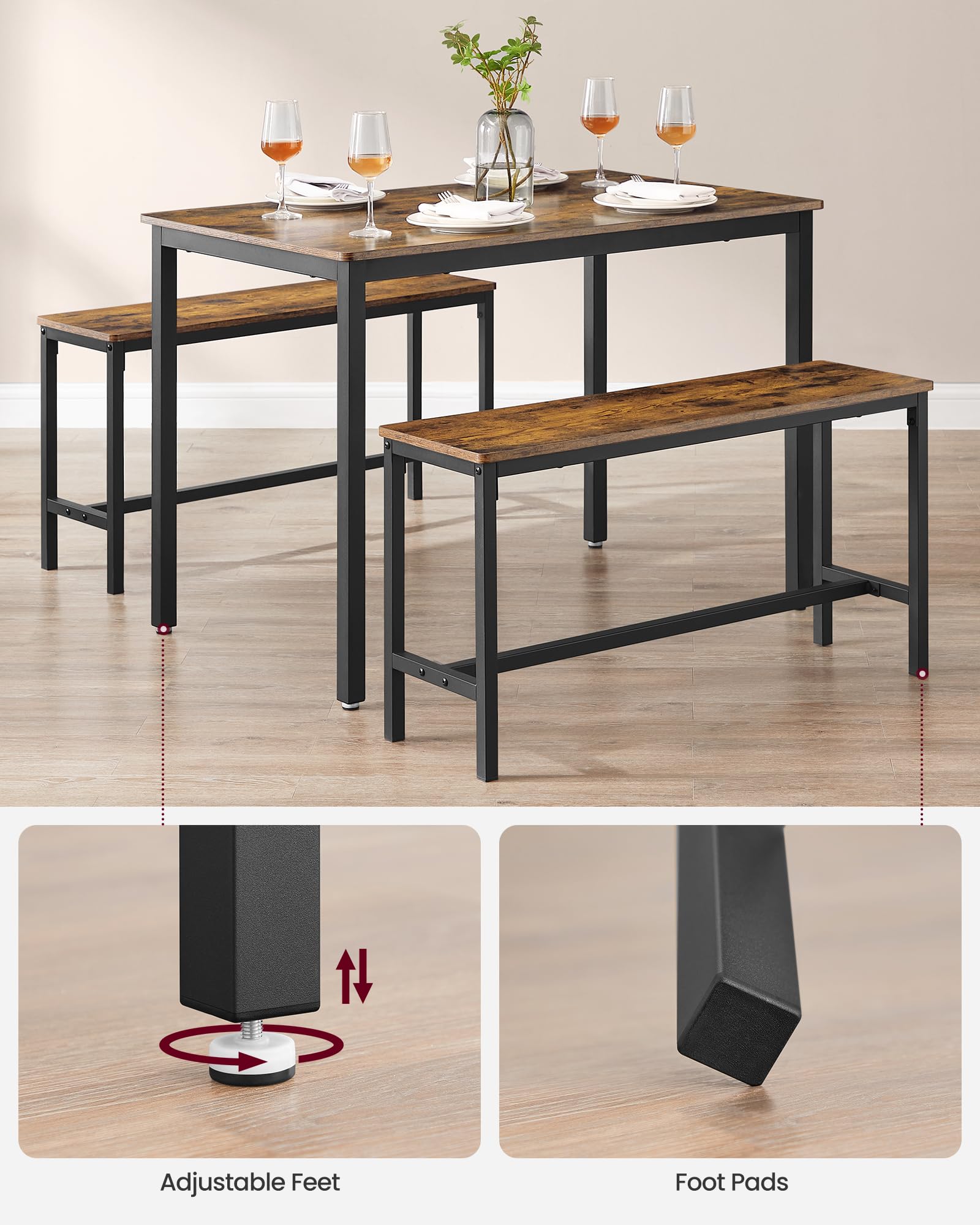 VASAGLE 3 Piece Dining Table Set with 2 Benches | Industrial Design | Rustic Brown & Black | KDT070B01 6