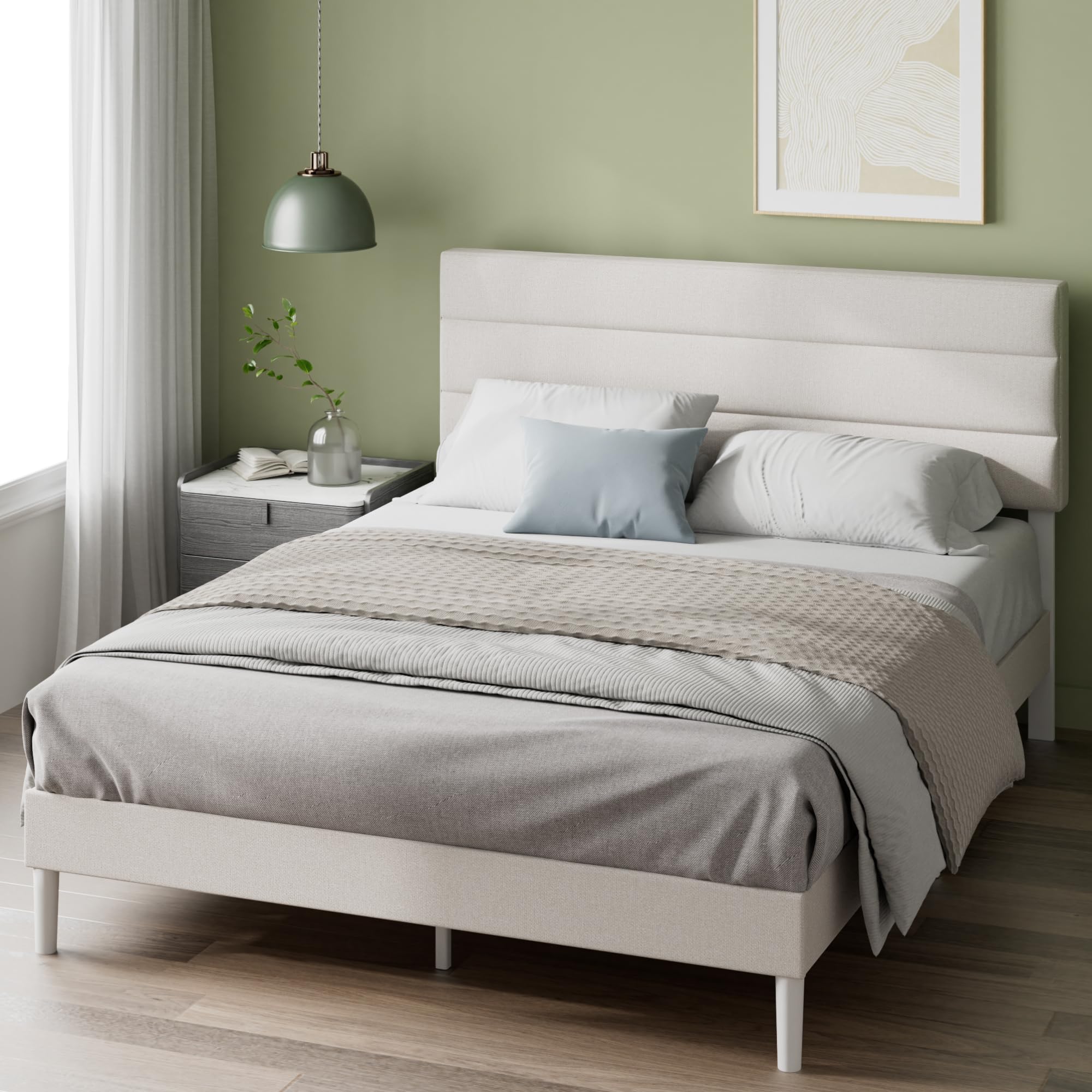 Zinus Piper King Upholstered Bed Frame with Headboard - Off White | 150x200 cm | Steel Frame 1