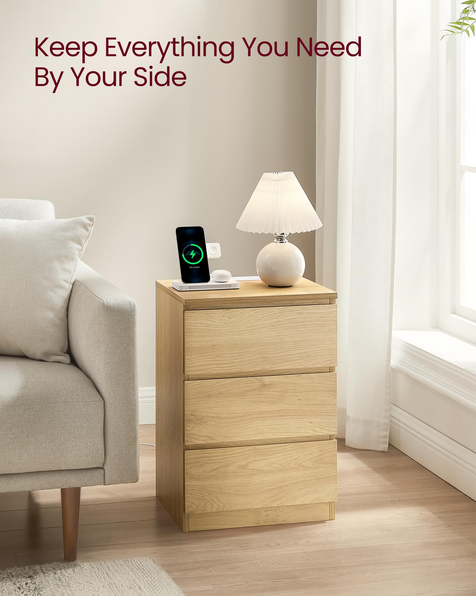 VASAGLE KAILYN Collection Bedside Table with Power Strip | 2 AC Outlets, 2 USB Ports | Straw Yellow 8
