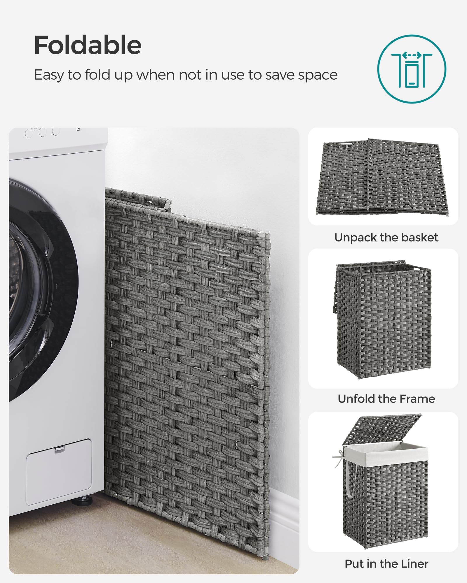 SONGMICS 90L Foldable Laundry Basket with Lid and Removable Bag | Grey | 46x33x60cm 8