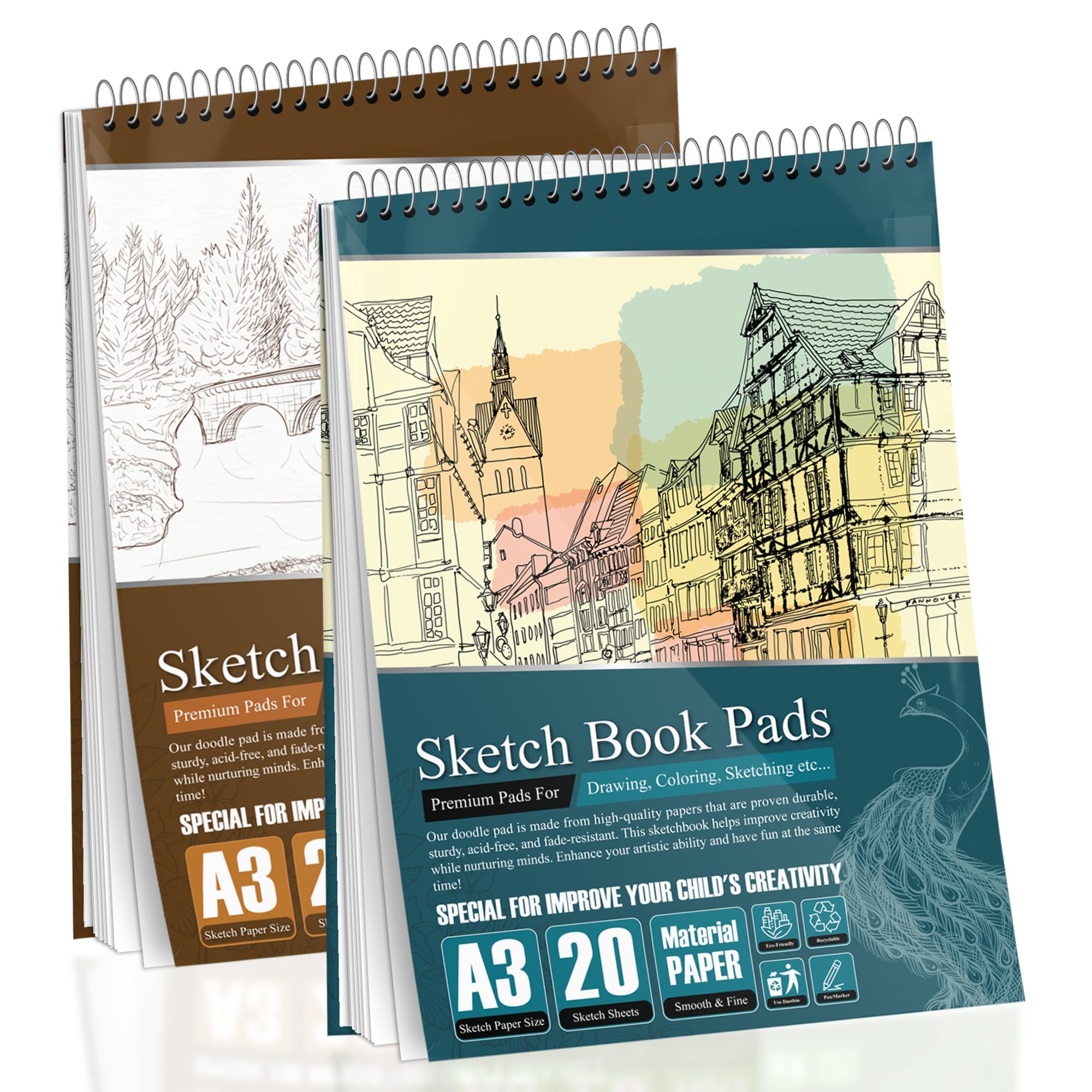G4GADGET Sketchbook - 2 Pack A3 Drawing Pads | 170 GSM Thick Paper | Wiro Bound