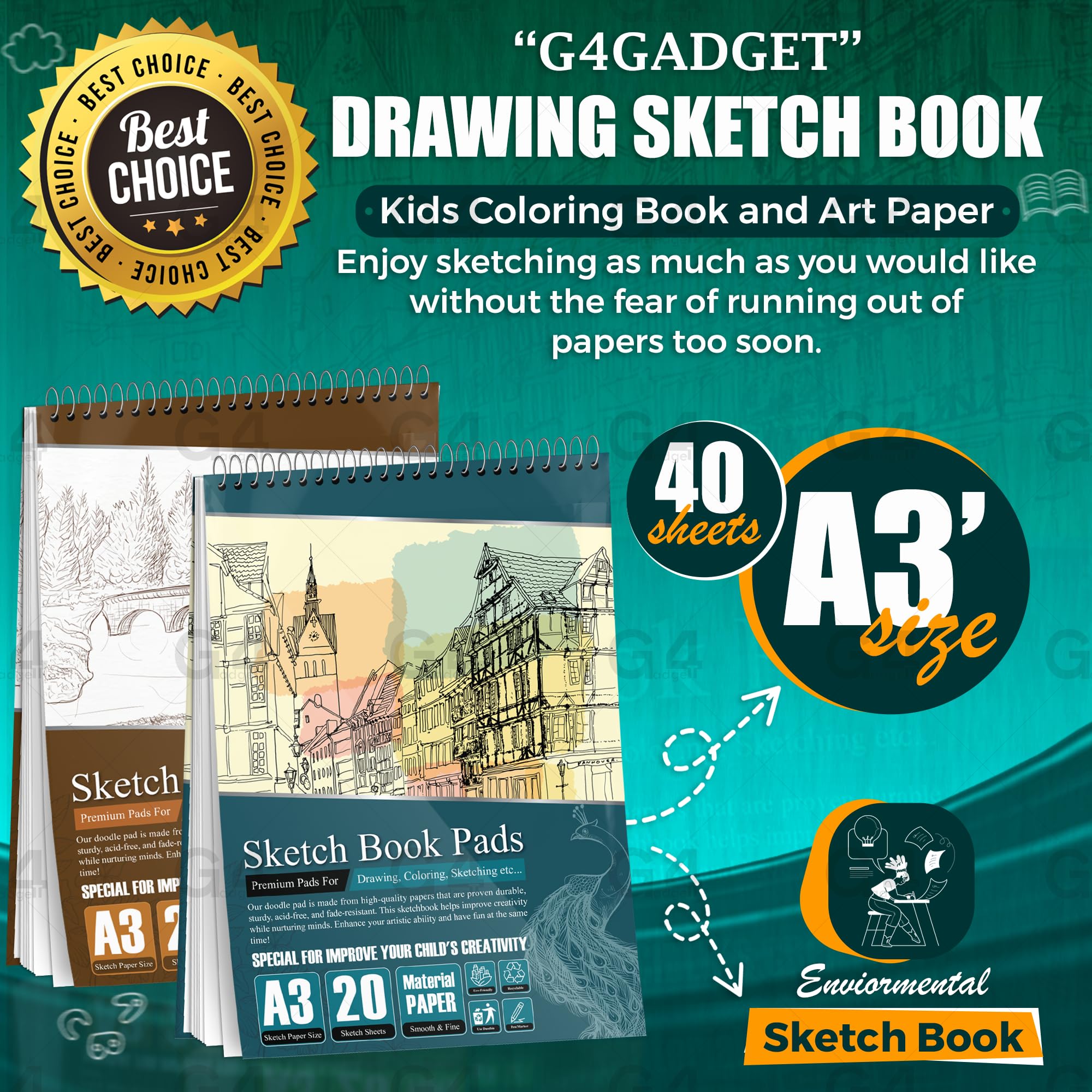 G4GADGET Sketchbook - 2 Pack A3 Drawing Pads | 170 GSM Thick Paper | Wiro Bound