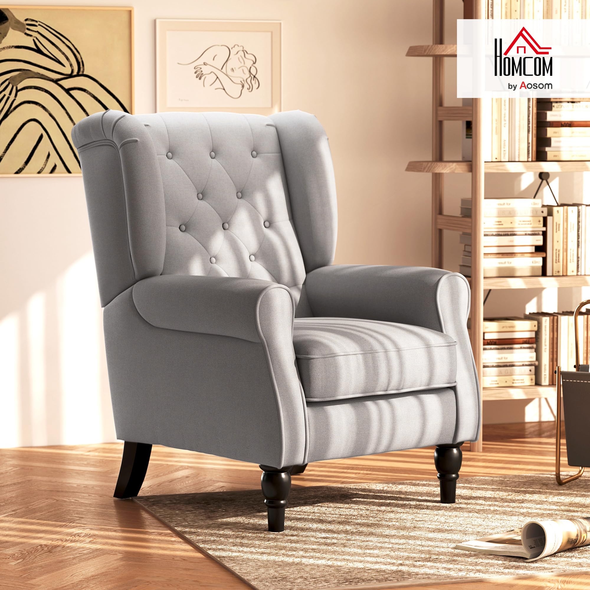 HOMCOM Retro Wingback Armchair - Grey Linen Upholstery | Button Tufted | Supports 160kg 2