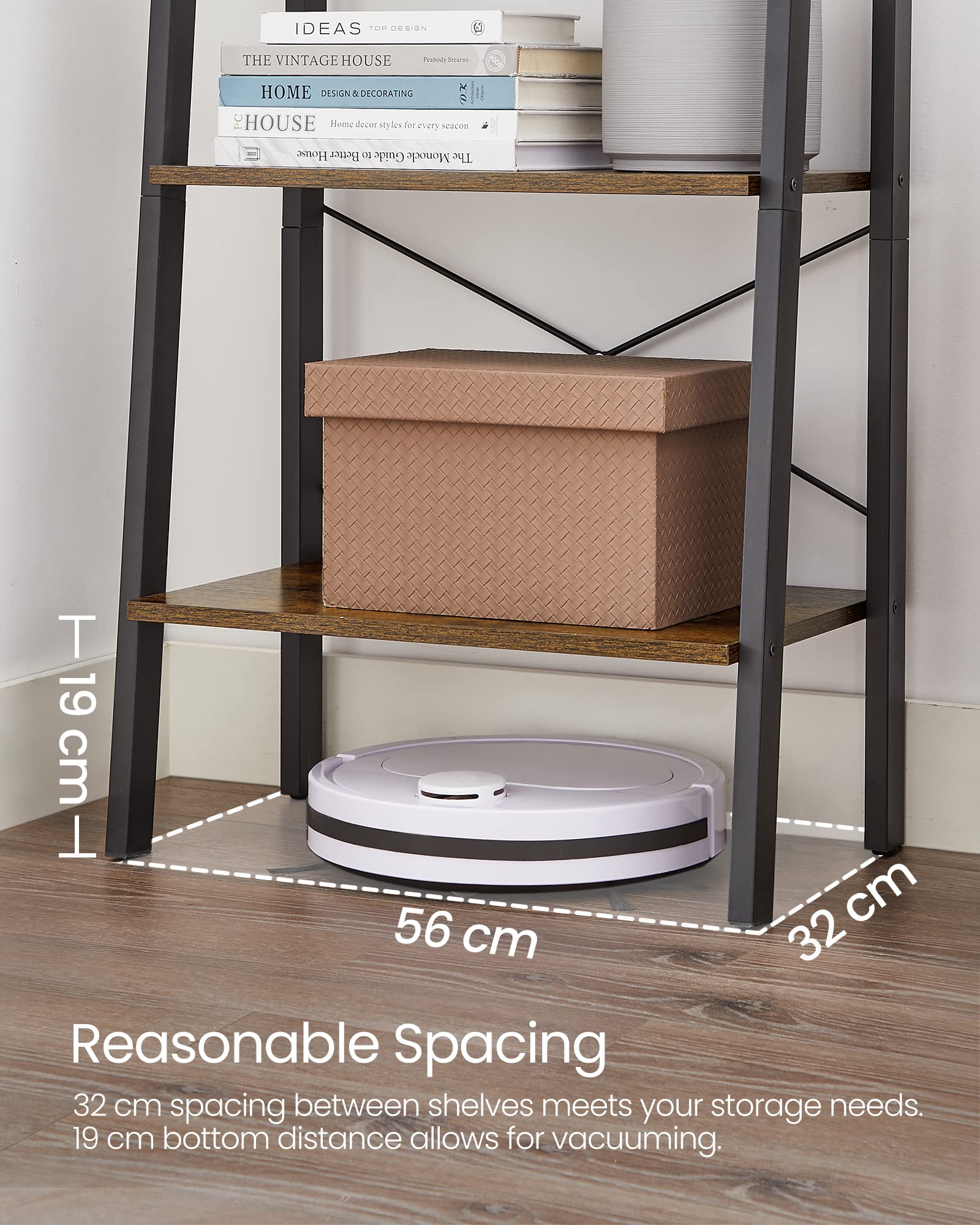VASAGLE Ladder Shelf - 4-Tier Industrial Storage Rack | Rustic Brown & Black | 56 cm Wide 7