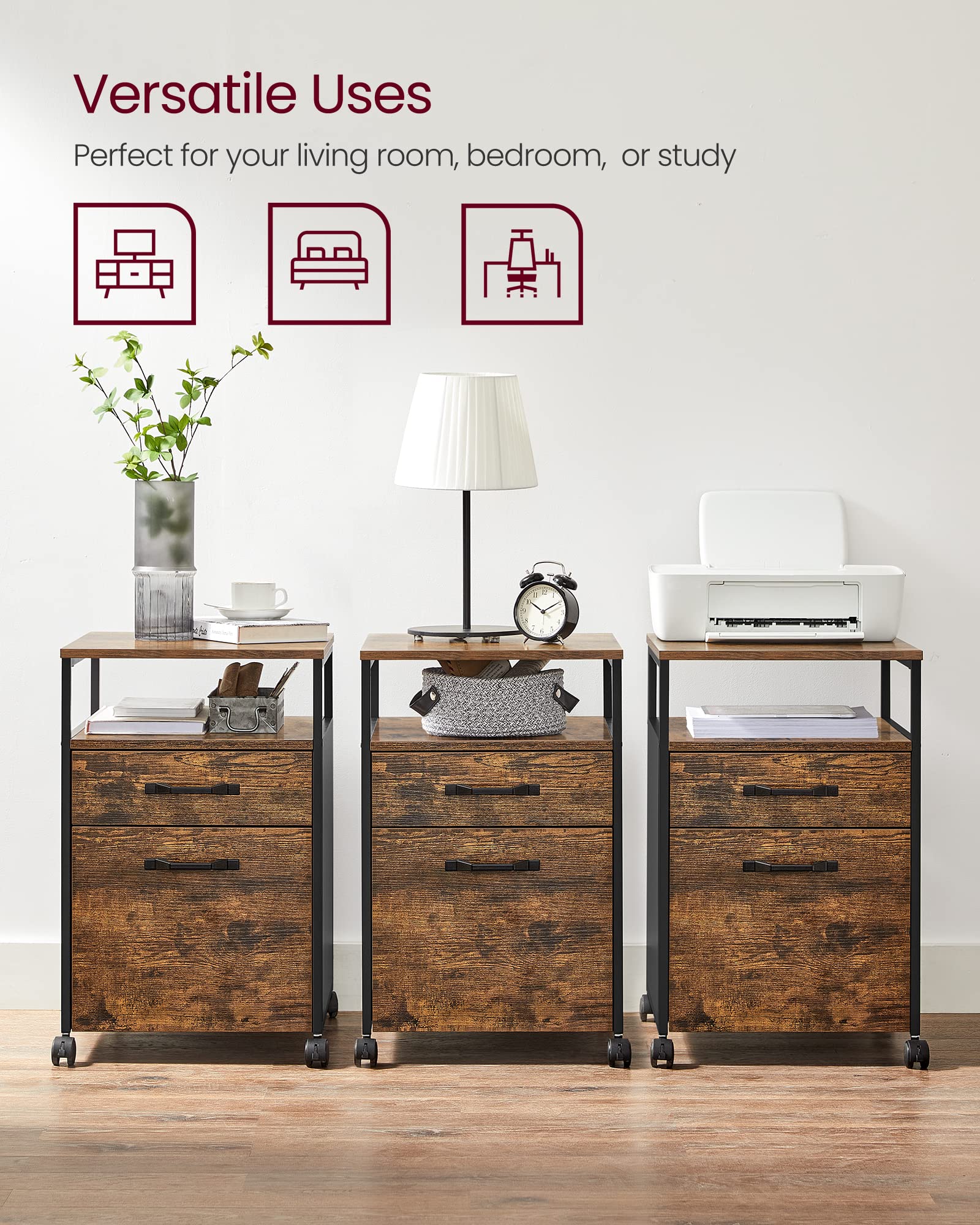 VASAGLE Mobile File Cabinet with 2 Drawers for Letter/A4 Files | Rustic Brown + Black | 50 kg Max Load 8