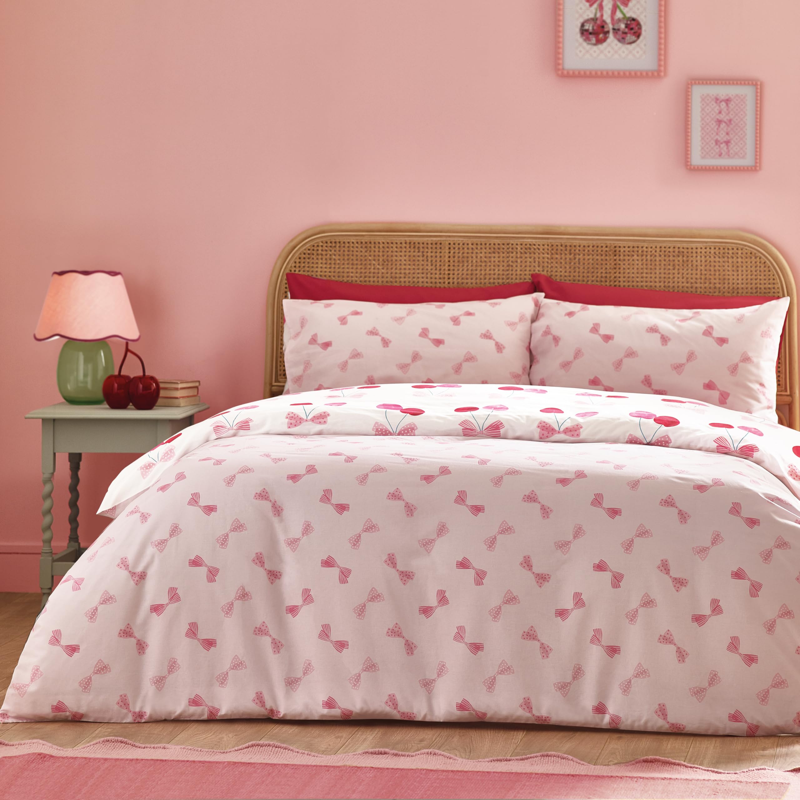 Catherine Lansfield Cherries and Bows Reversible Double Duvet Cover Set | Pink Polycotton 2