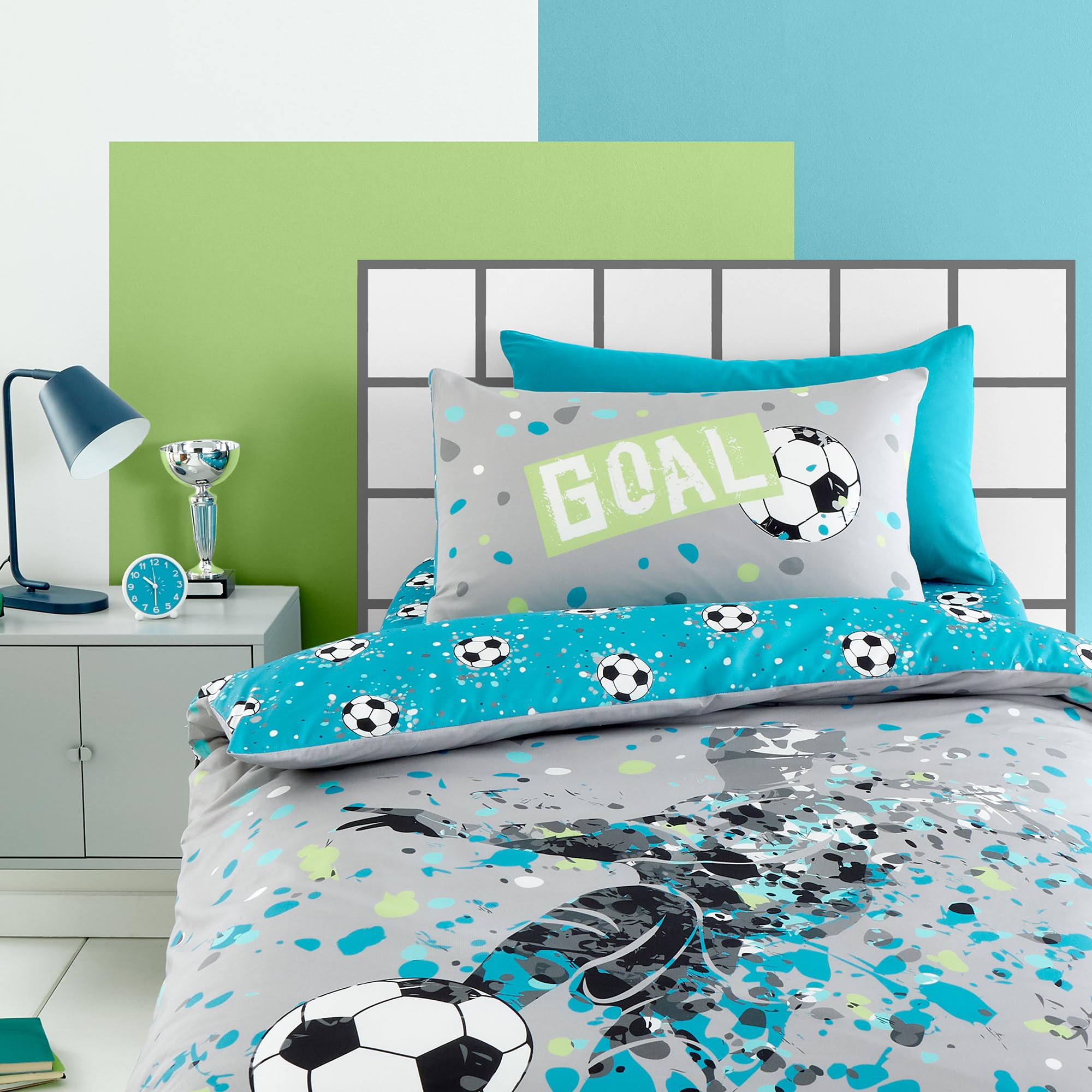 Bedlam Football Duvet Cover Set - Single Size 140x200cm - Grey with Teal Reverse 2