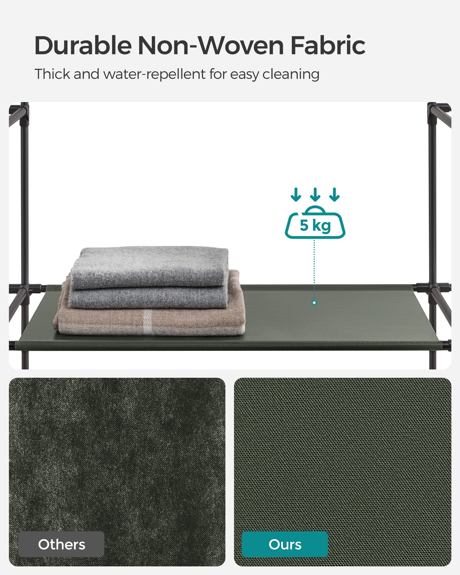SONGMICS Portable Fabric Wardrobe - 45 x 150 x 175 cm | 15 kg Rail Capacity | Sage Green 5