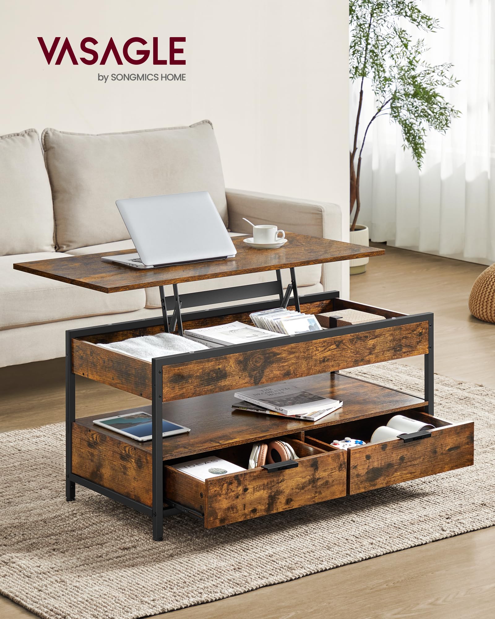 VASAGLE Lift Top Coffee Table - Storage Drawers | Rustic Brown + Ink Black | 100cm Wide