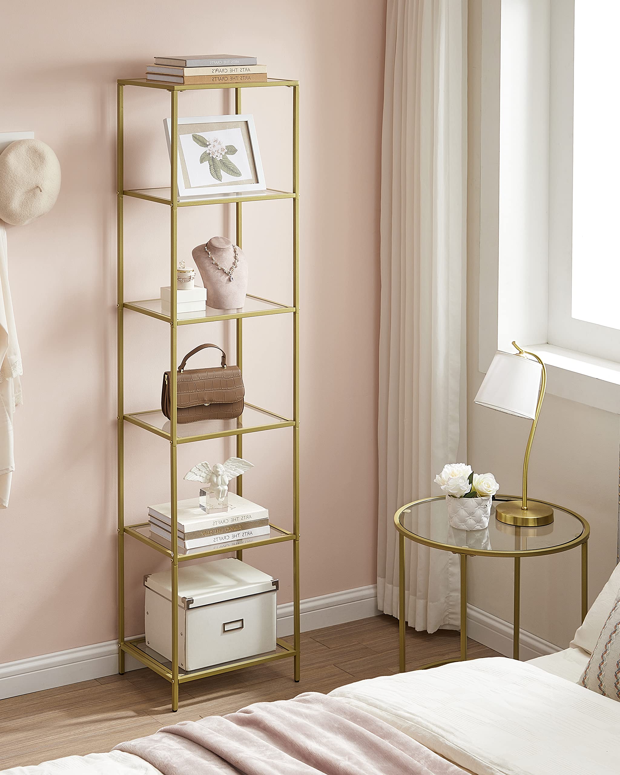 VASAGLE 6-Tier Glass Shelf Bookcase - Thin Steel Frame, Gold Finish | 30x40cm Footprint | 10kg/Shelf Capacity 4