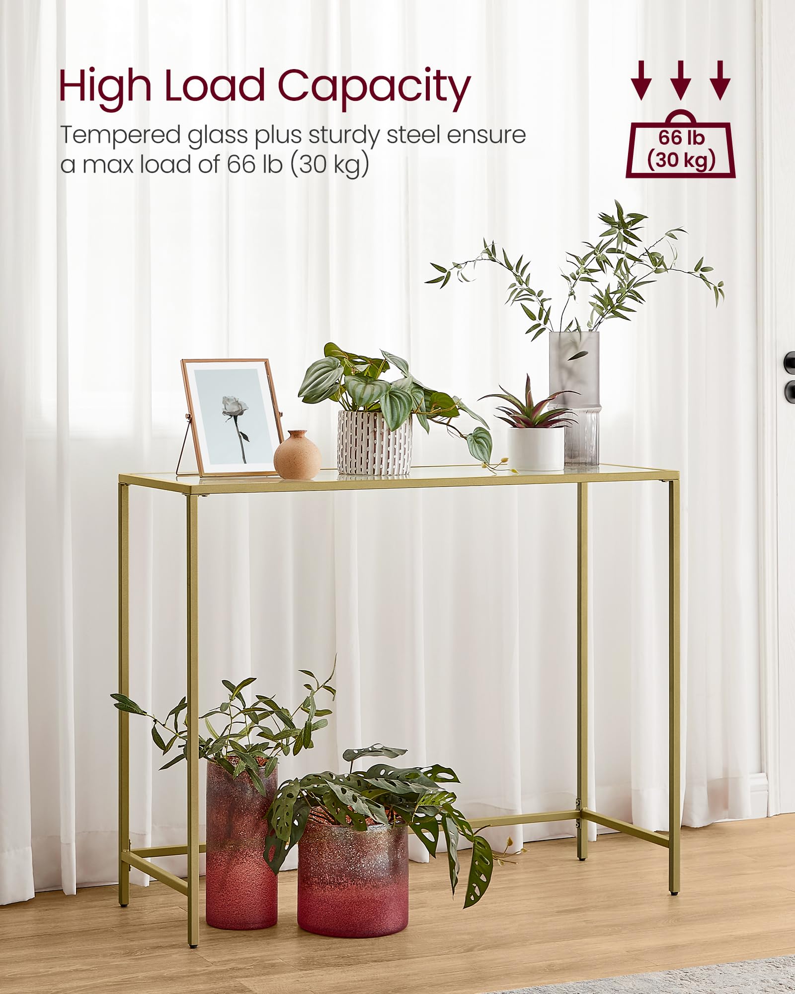 VASAGLE Console Table - Tempered Glass Top | Metal Frame | 100x35x80 cm | Gold Finish 5