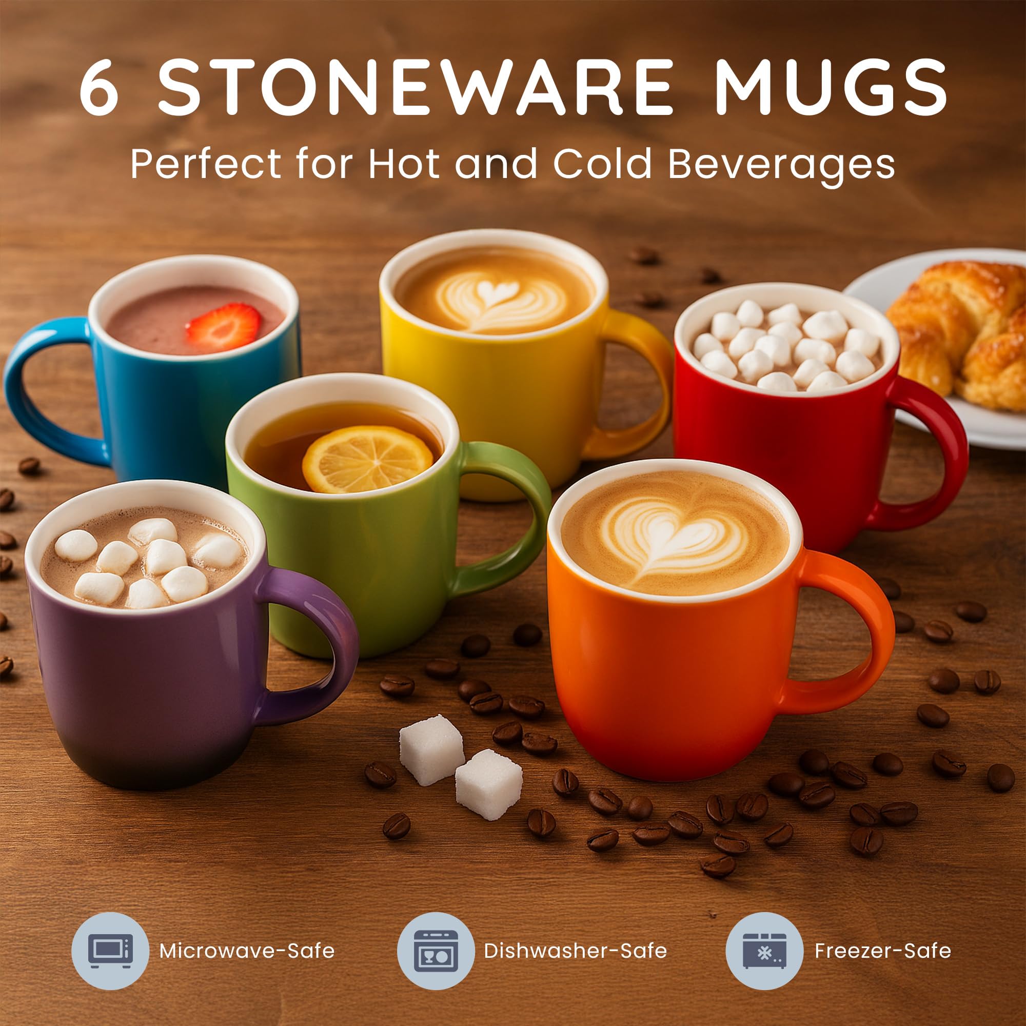 CUQOO Stoneware Mug Set of 6 - Colourful Ceramic Coffee & Tea Cups | 350ml/12.3 Oz 3