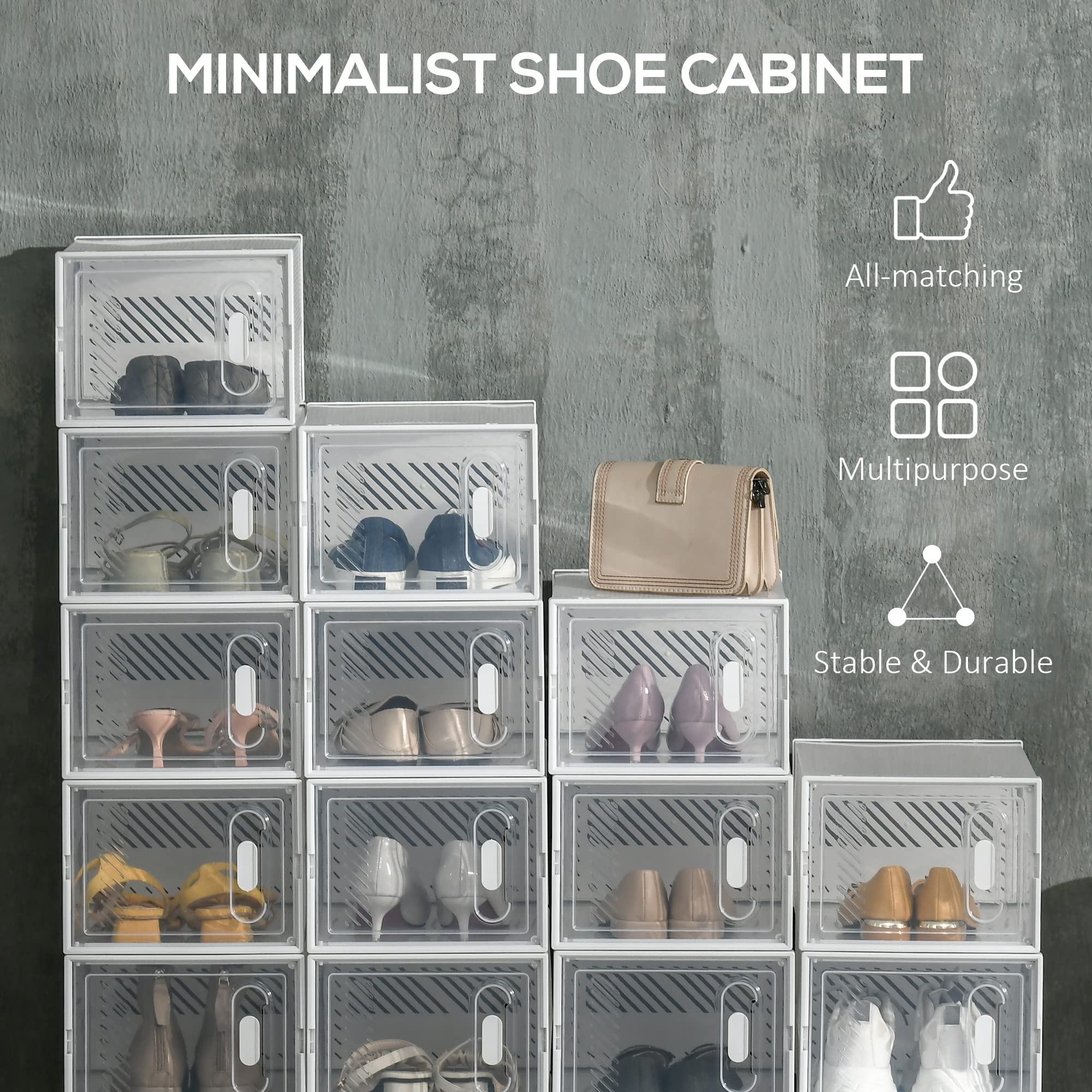 HOMCOM 18PCS Clear Stackable Shoe Storage Boxes | PP Material | Max Shoe Size UK 8.5/EU 43 3